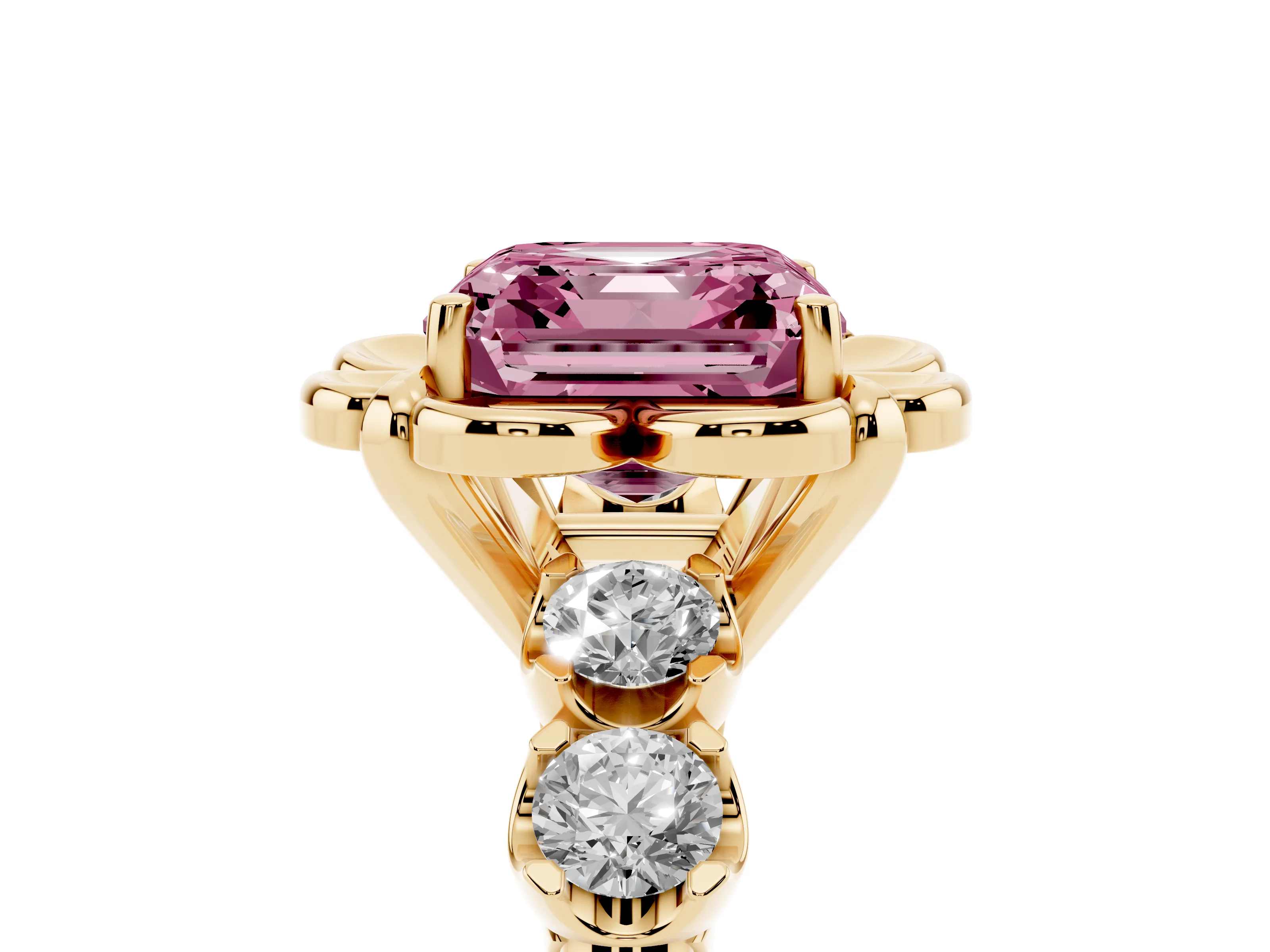 Fancy Pink Asscher Cut Diamond Floral Halo Ring Set in Yellow gold with Shared Prong Band