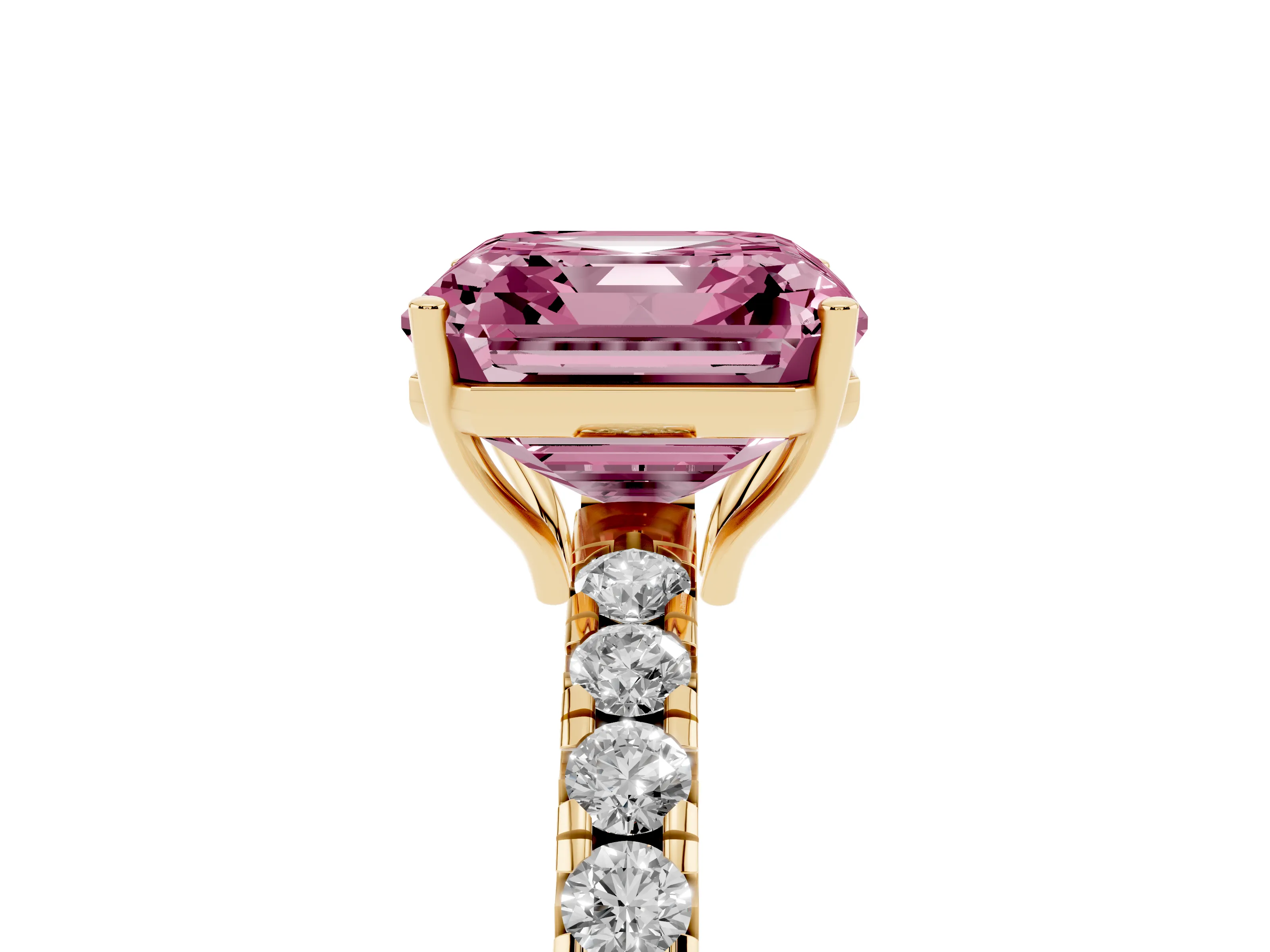 Fancy Pink Asscher Cut Diamond Pavé Solitaire Engagement Ring Set in Yellow gold with Prong Setting