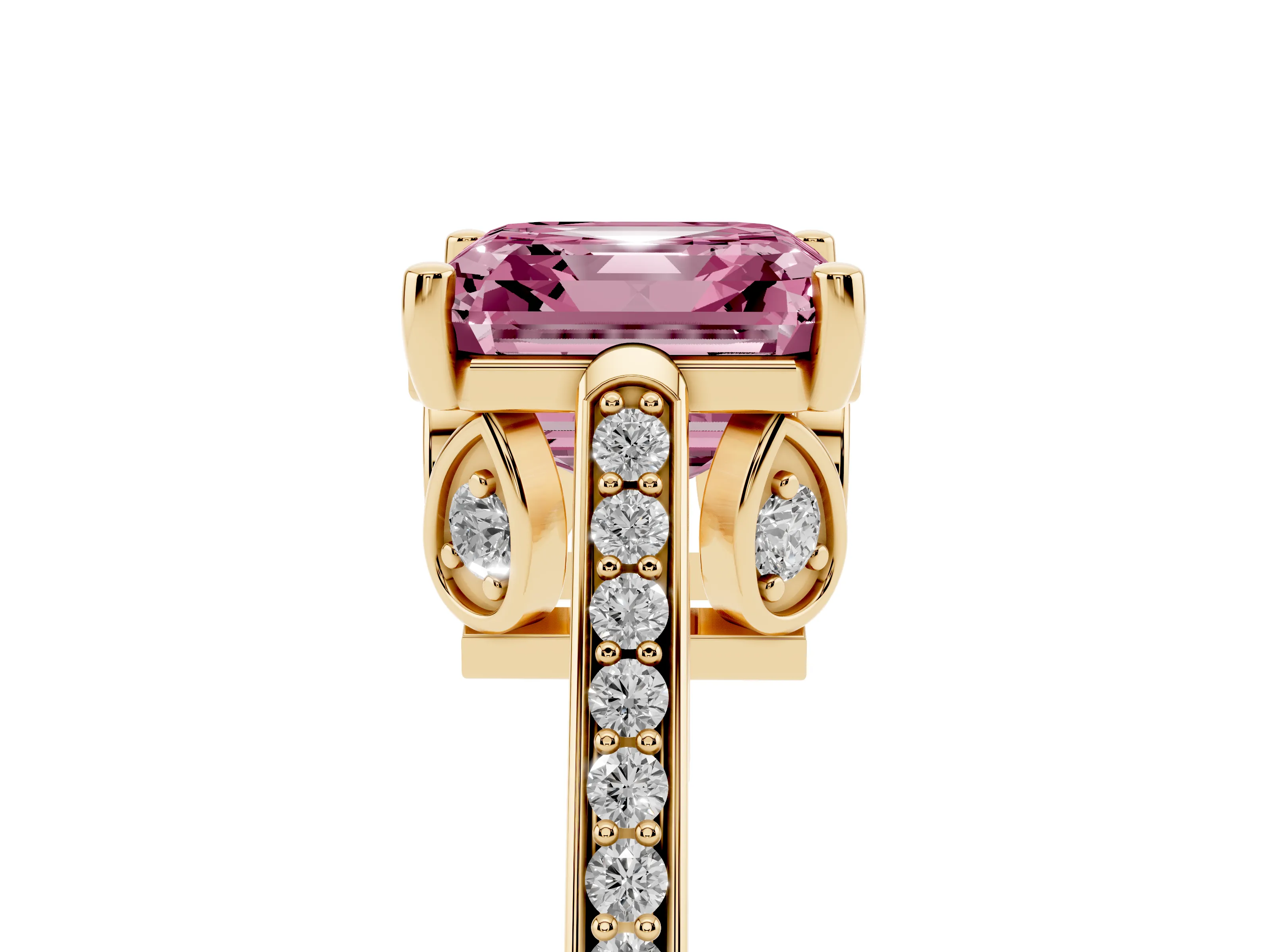 Fancy Pink Asscher Cut Diamond Cathedral Pavé Engagement Ring Set in Yellow gold with Prong Setting