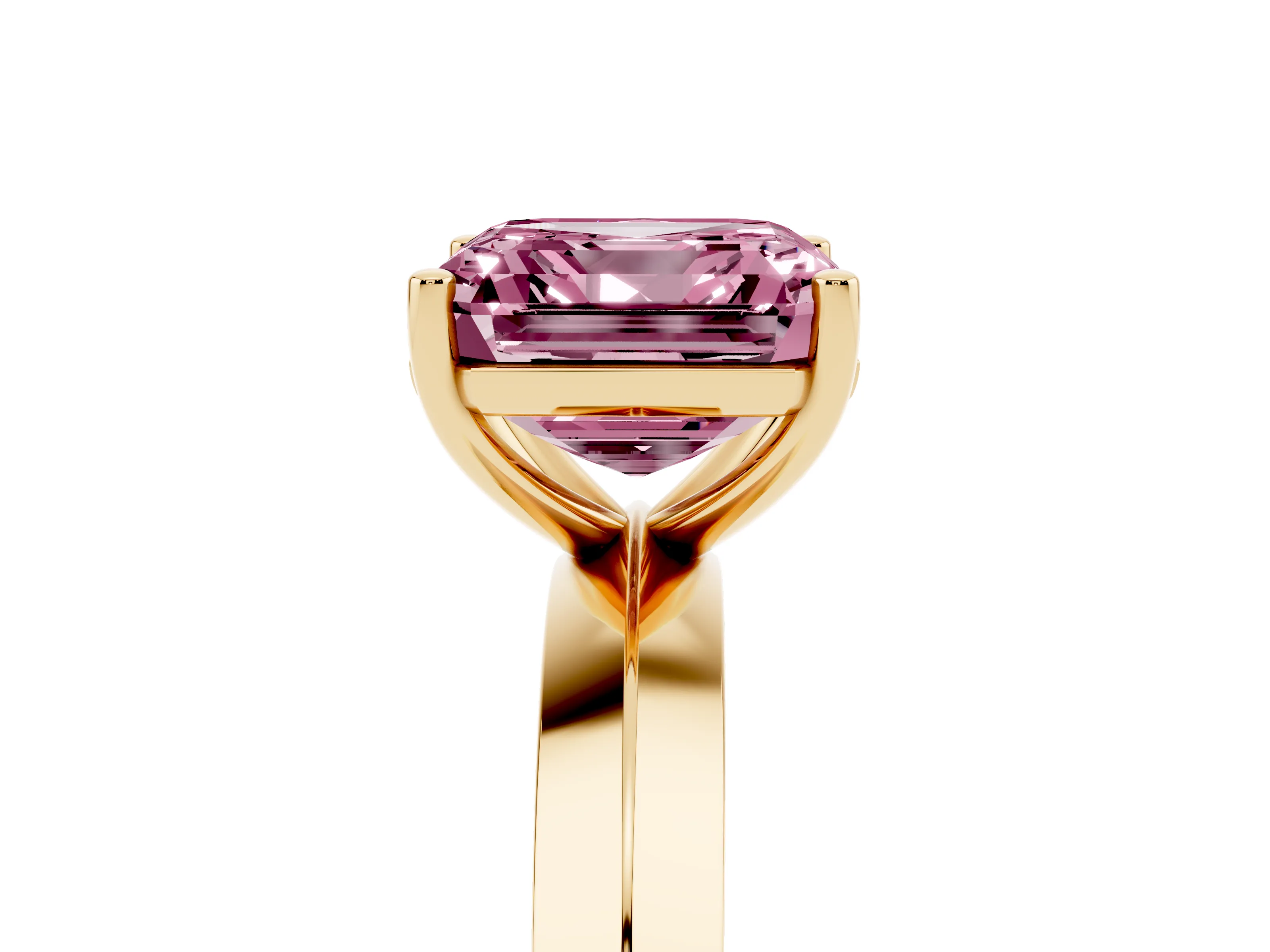 Fancy Pink Asscher Cut Diamond Solitaire Engagement Ring Set in Yellow gold with Flat Band and Prong Setting