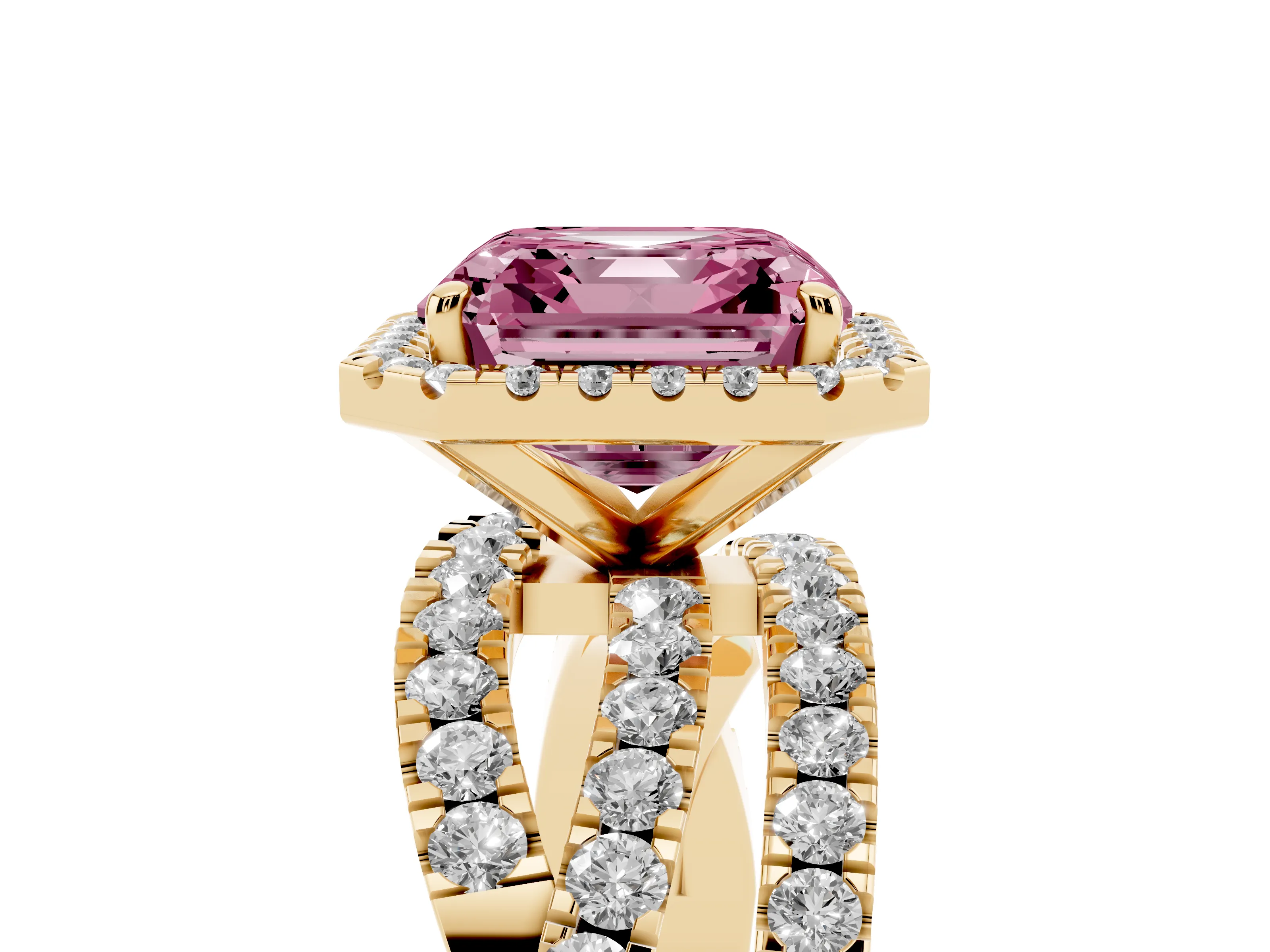 Fancy Pink Asscher Cut Diamond Halo Ring Set in Yellow gold with Round Crossover Split Shank and Prong Setting