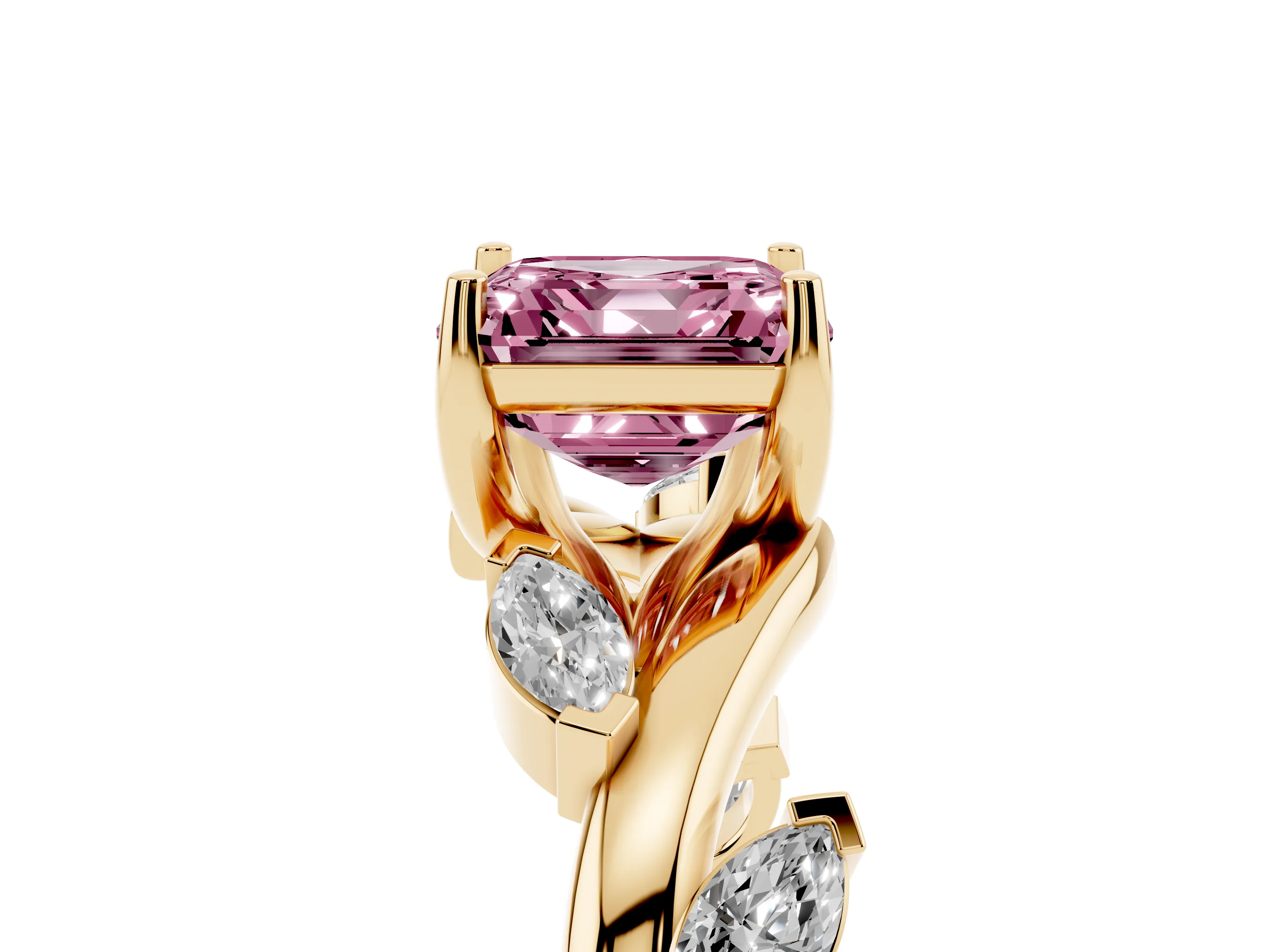 Fancy Pink Asscher Cut Diamond Solitaire Ring Set in Yellow gold with Twisted Marquise Accent Band