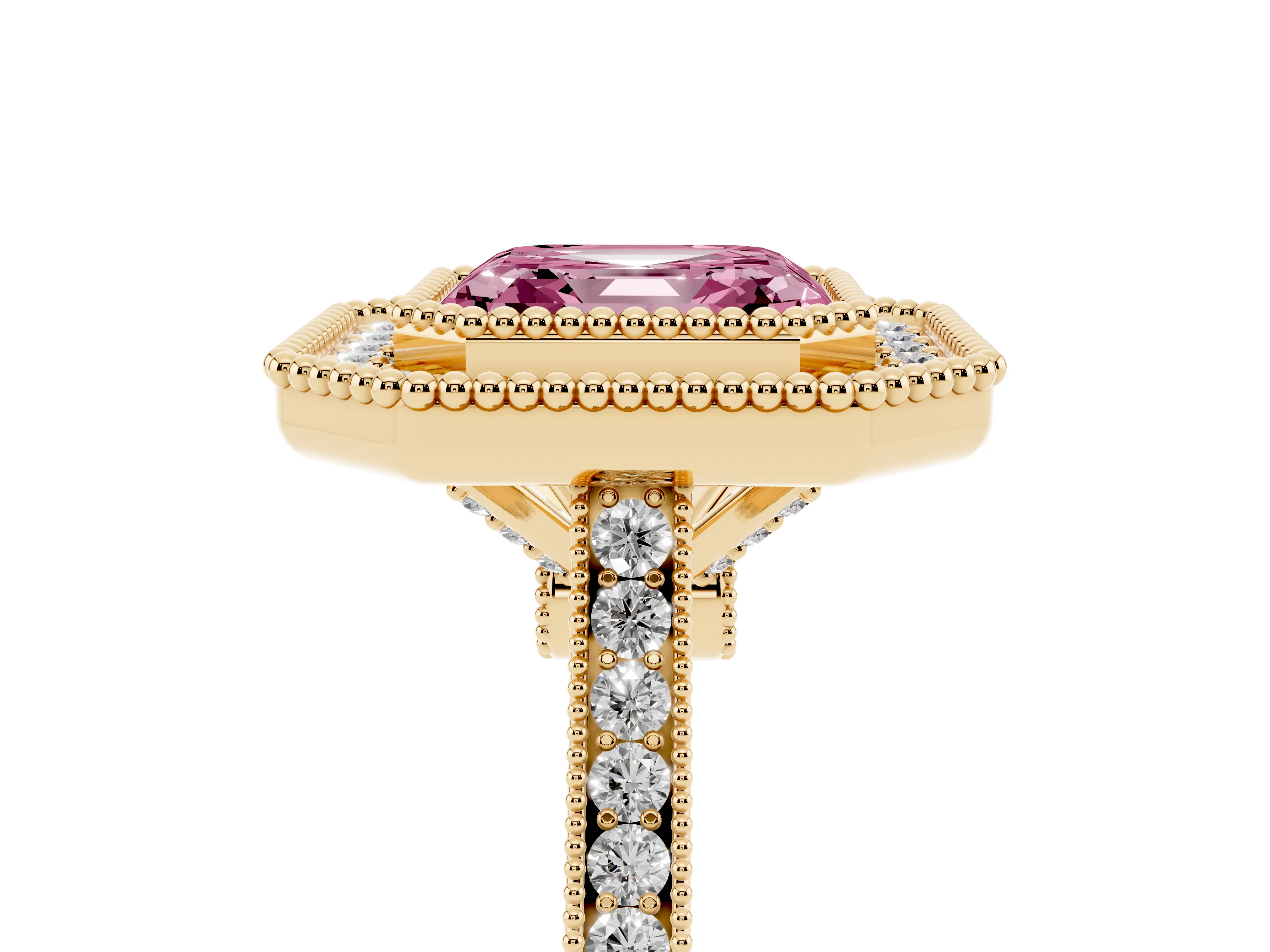 Fancy Pink Asscher Cut Diamond Halo Ring Set in Yellow gold with Milgrain Frame and Pavé Band