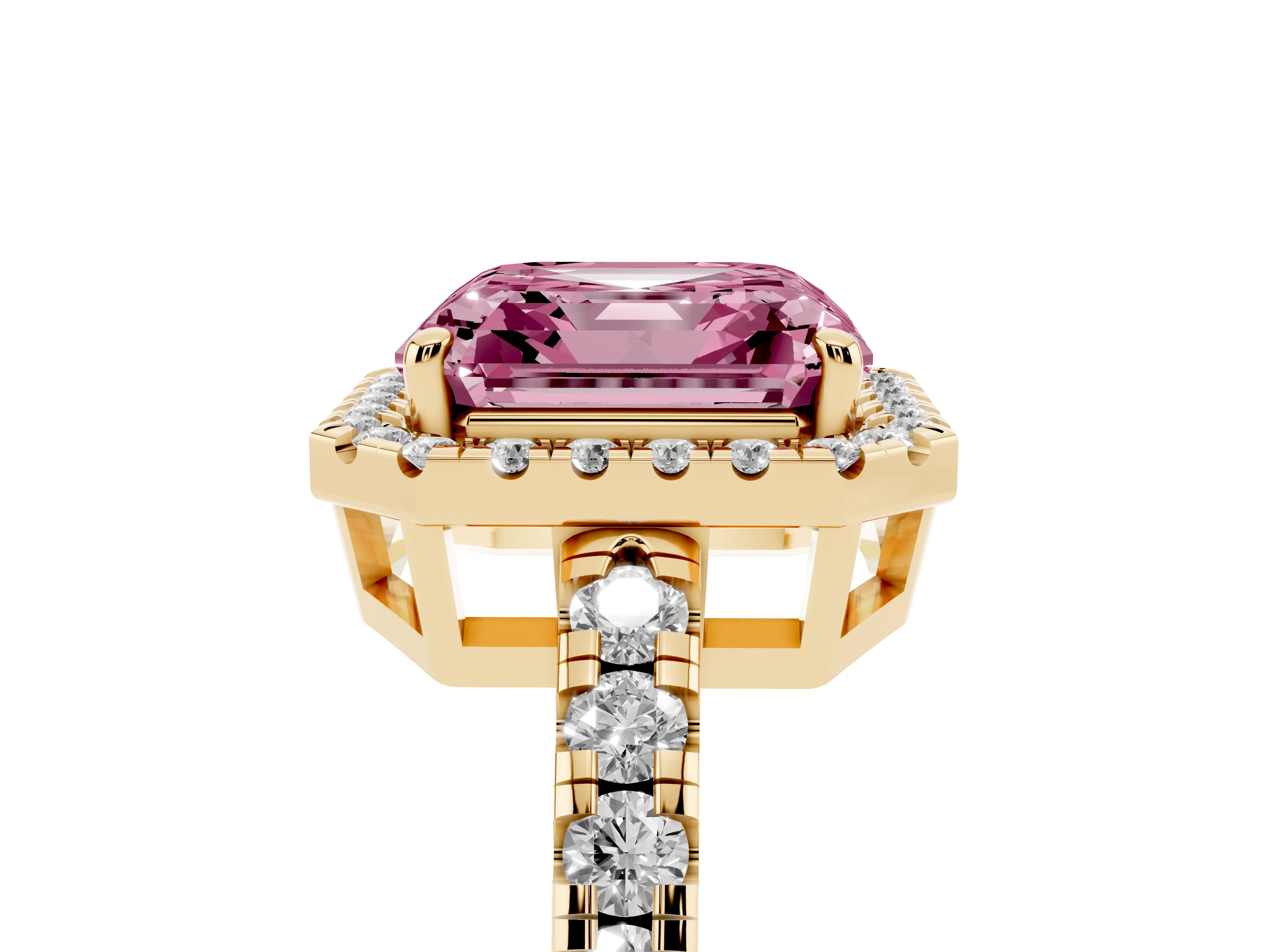 Fancy Pink Asscher Cut Diamond Halo Ring Set in Yellow gold with Delicate Pavé Band and Prong Setting