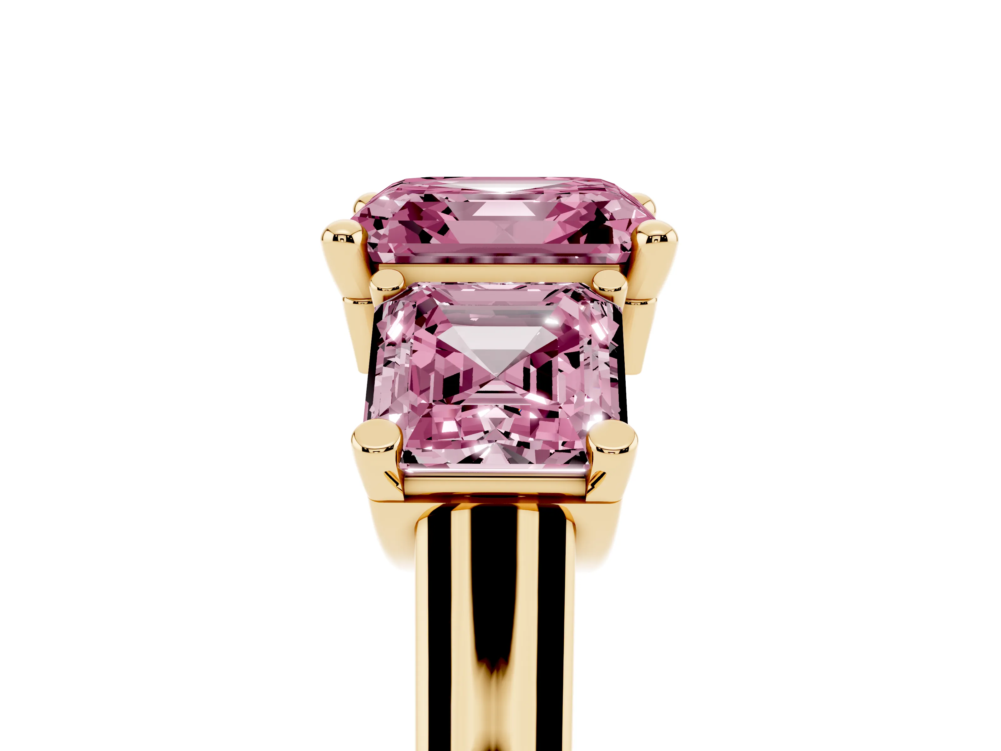 Fancy Pink Asscher Cut Diamond Three-Stone Trellis Ring Set in Yellow gold with Comfort Fit Band