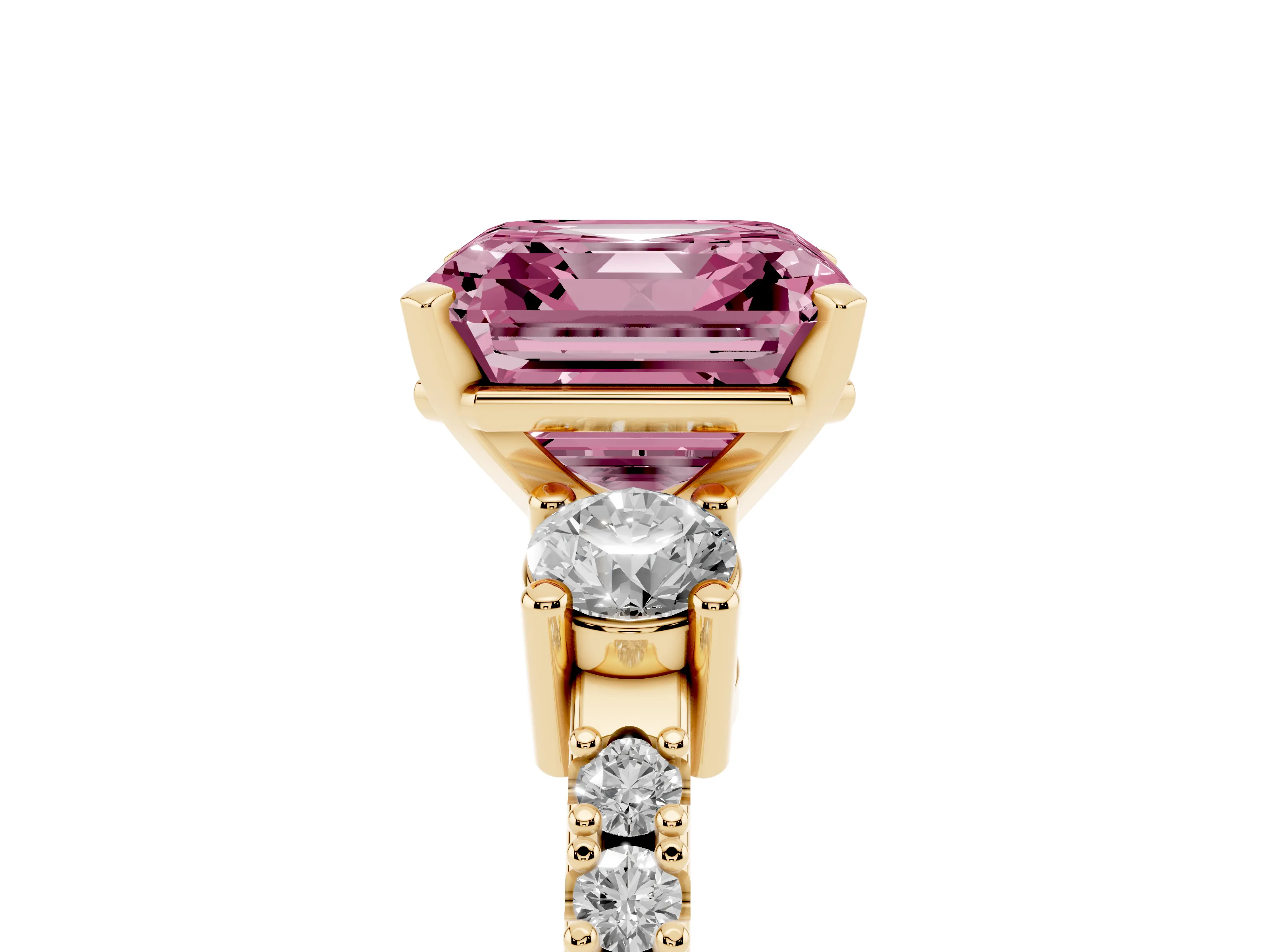 Fancy Pink Three-Stone Asscher Cut Diamond Pavé Band Ring Set in Yellow gold with Prong Setting