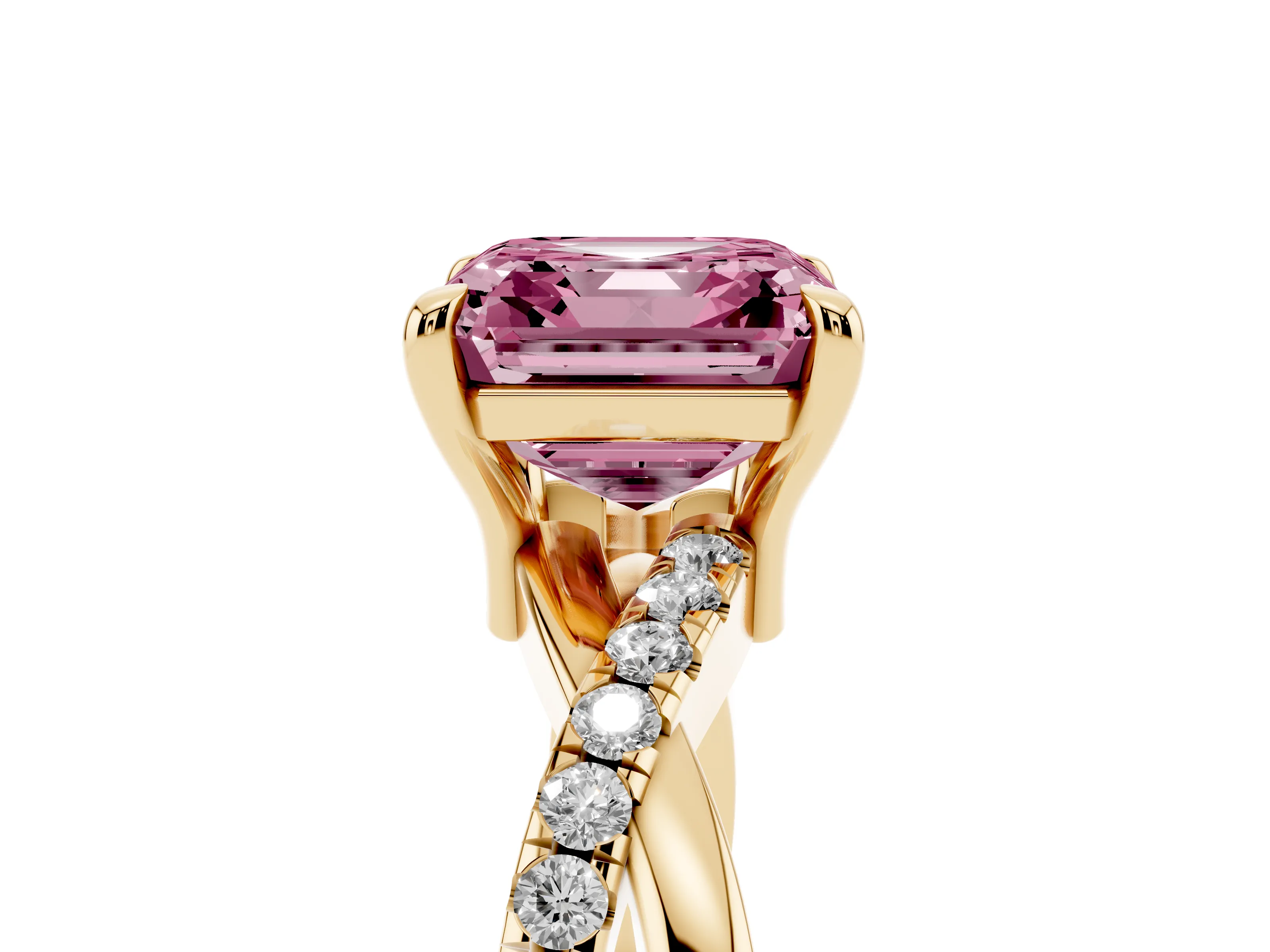 Fancy Pink Asscher Cut Diamond Twist Band Pavé Solitaire Ring Set in Yellow gold with Prong Setting