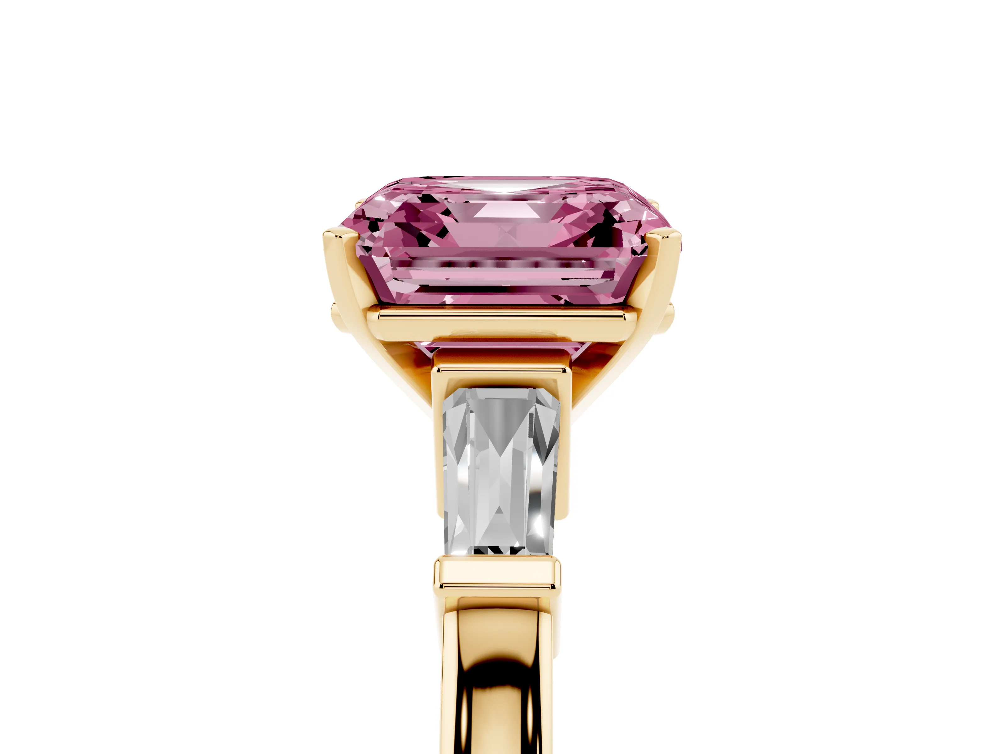 Fancy Pink Asscher Cut Diamond Solitaire Ring Set in Yellow gold with Tapered Baguette Accents and Prong Setting