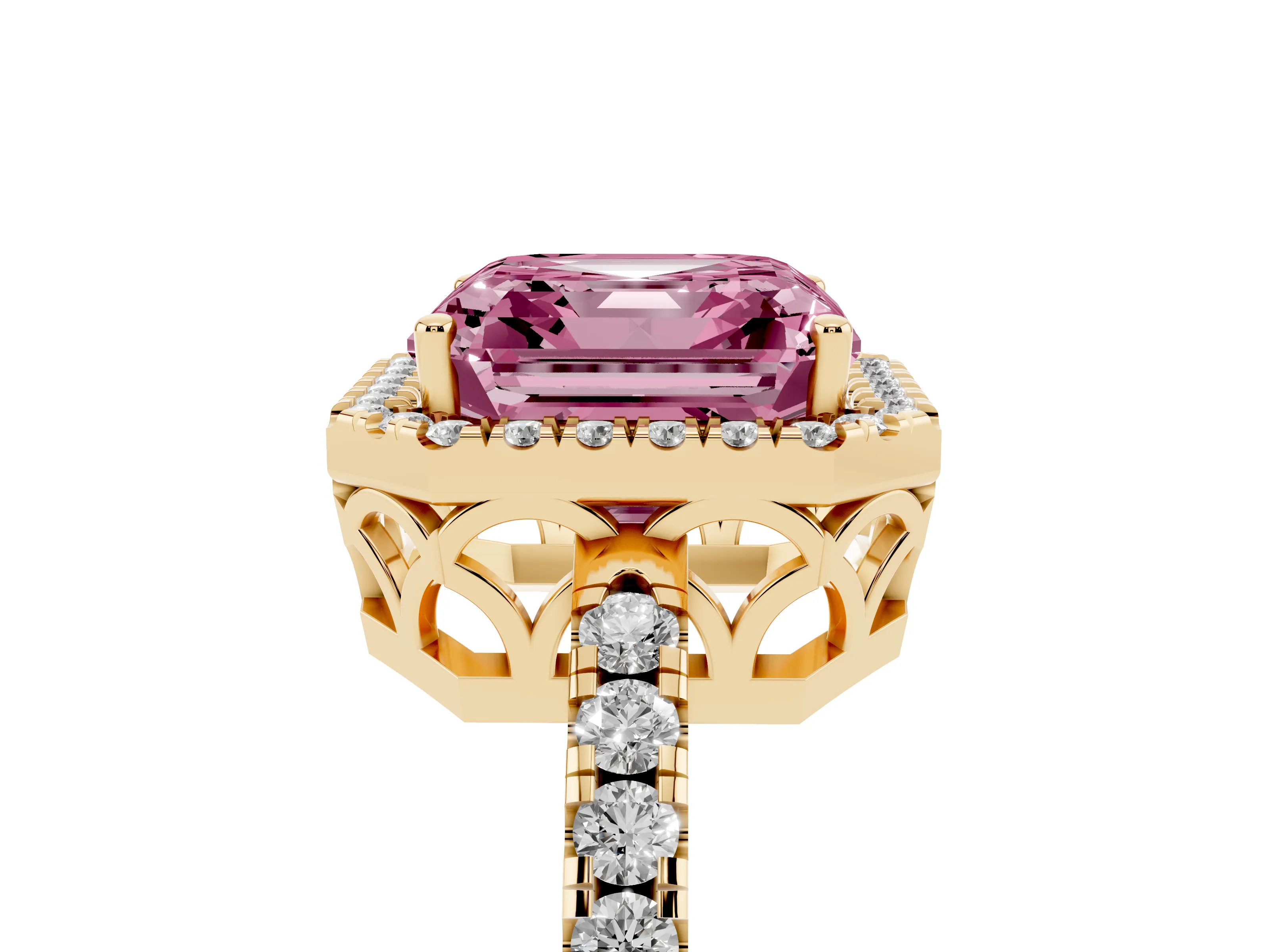 Fancy Pink Asscher Cut Diamond Pavé Band Halo Engagement Ring Set in Yellow gold with Prong Setting