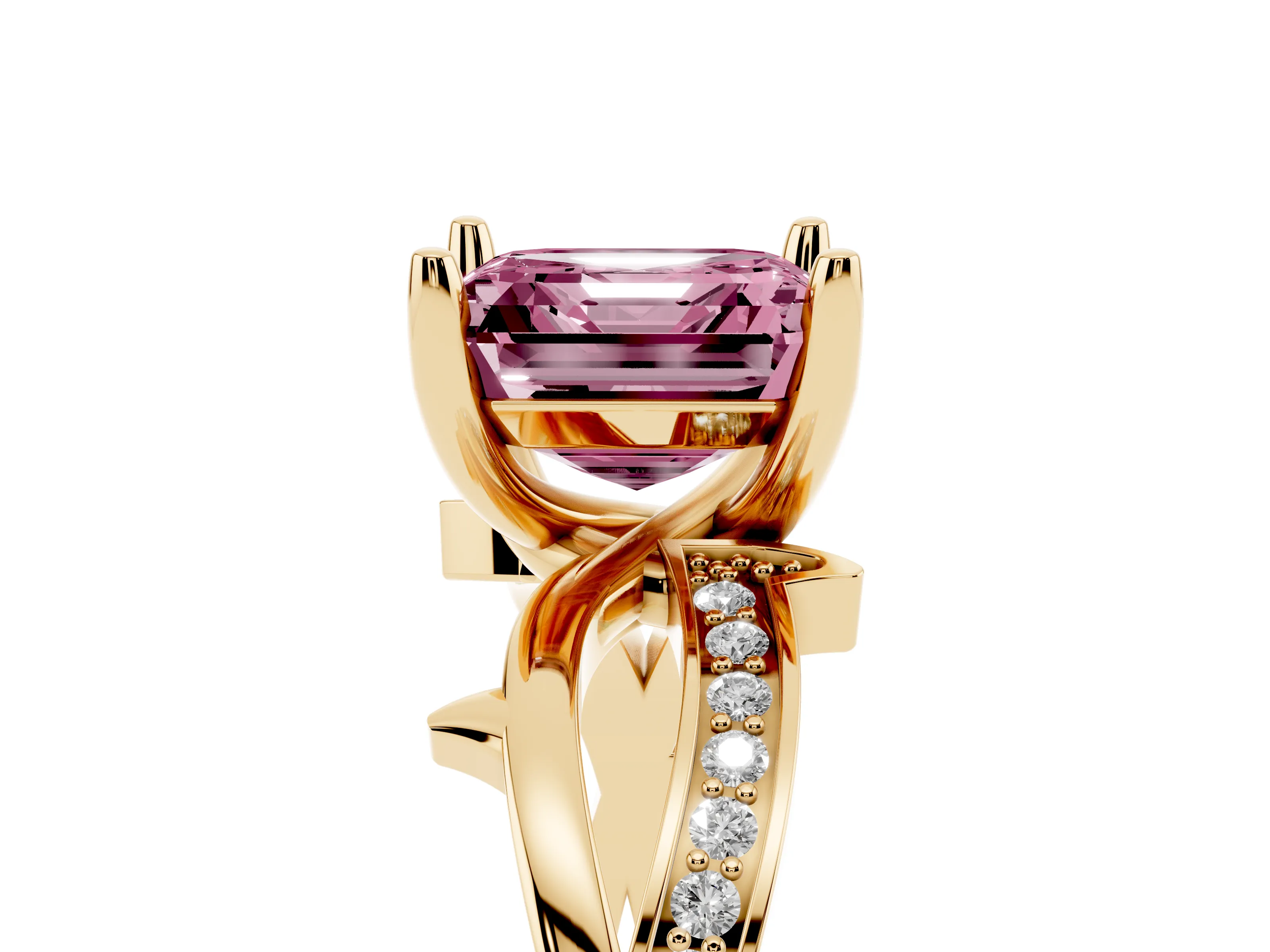 Fancy Pink Asscher Cut Diamond Pavé Twist Band Solitaire Ring Set in Yellow gold with Prong Setting