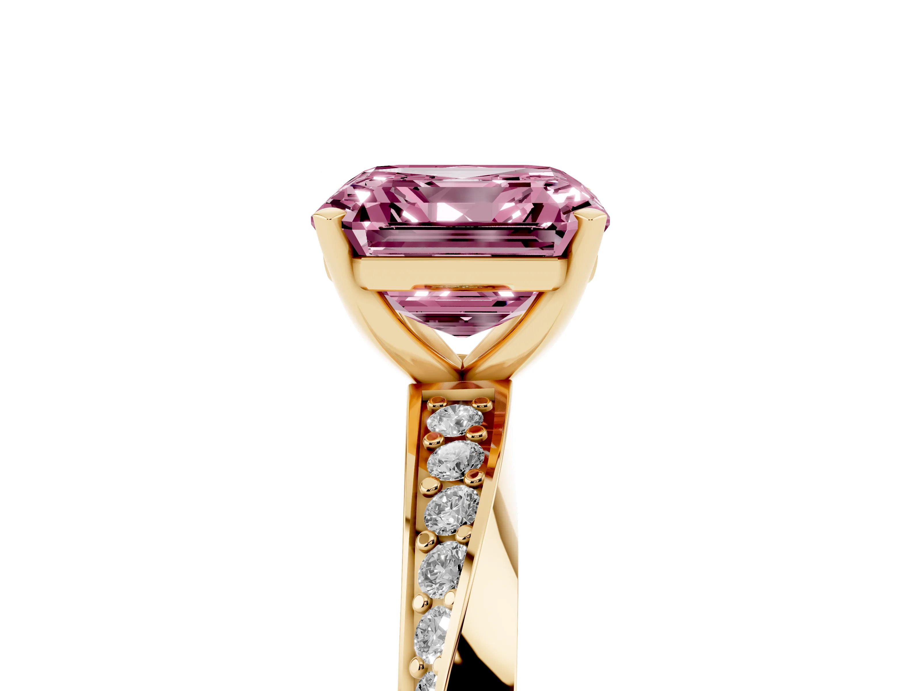 Fancy Pink Asscher Cut Diamond Engagement Ring Set in Yellow gold with Side Stone Accents and Prong Setting