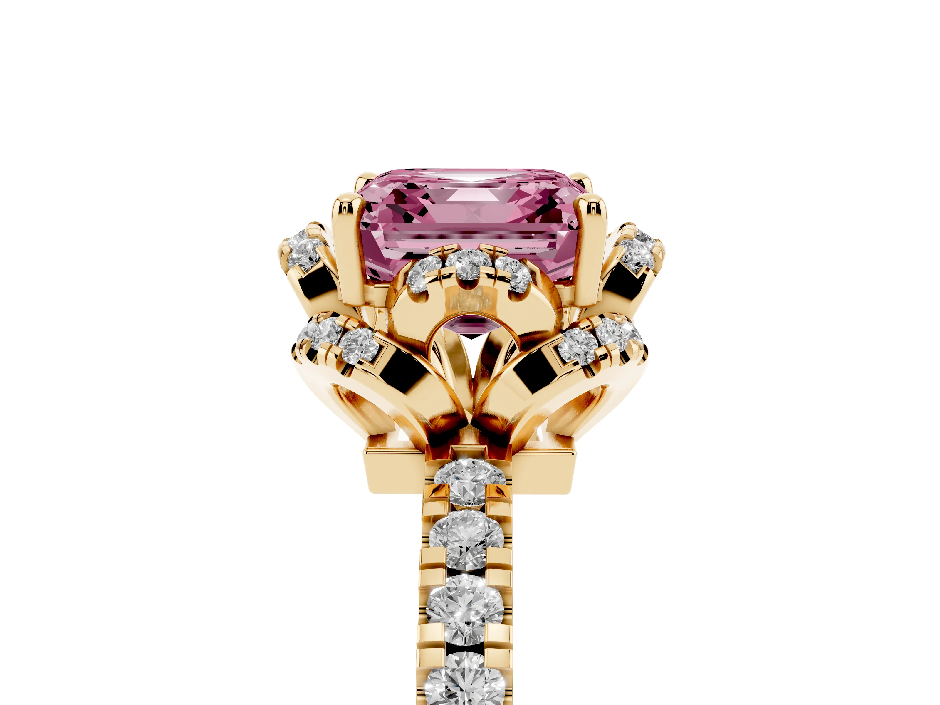 Fancy Pink Asscher Cut Diamond Halo Pavé Band Ring Set in Yellow gold with Prong-Held Center
