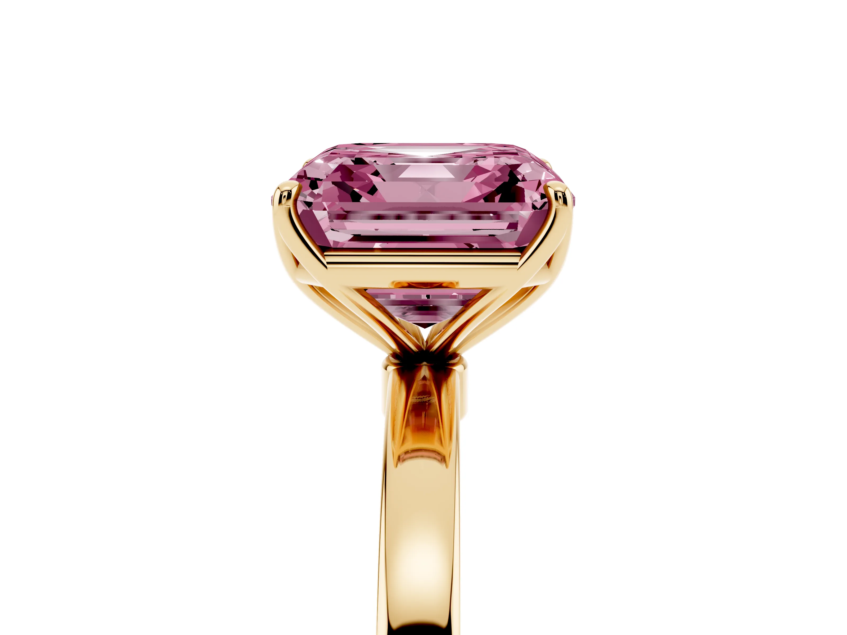 Fancy Pink Asscher Cut Diamond Solitaire Ring Set in Yellow gold with Prong Setting and Thin Polished Band