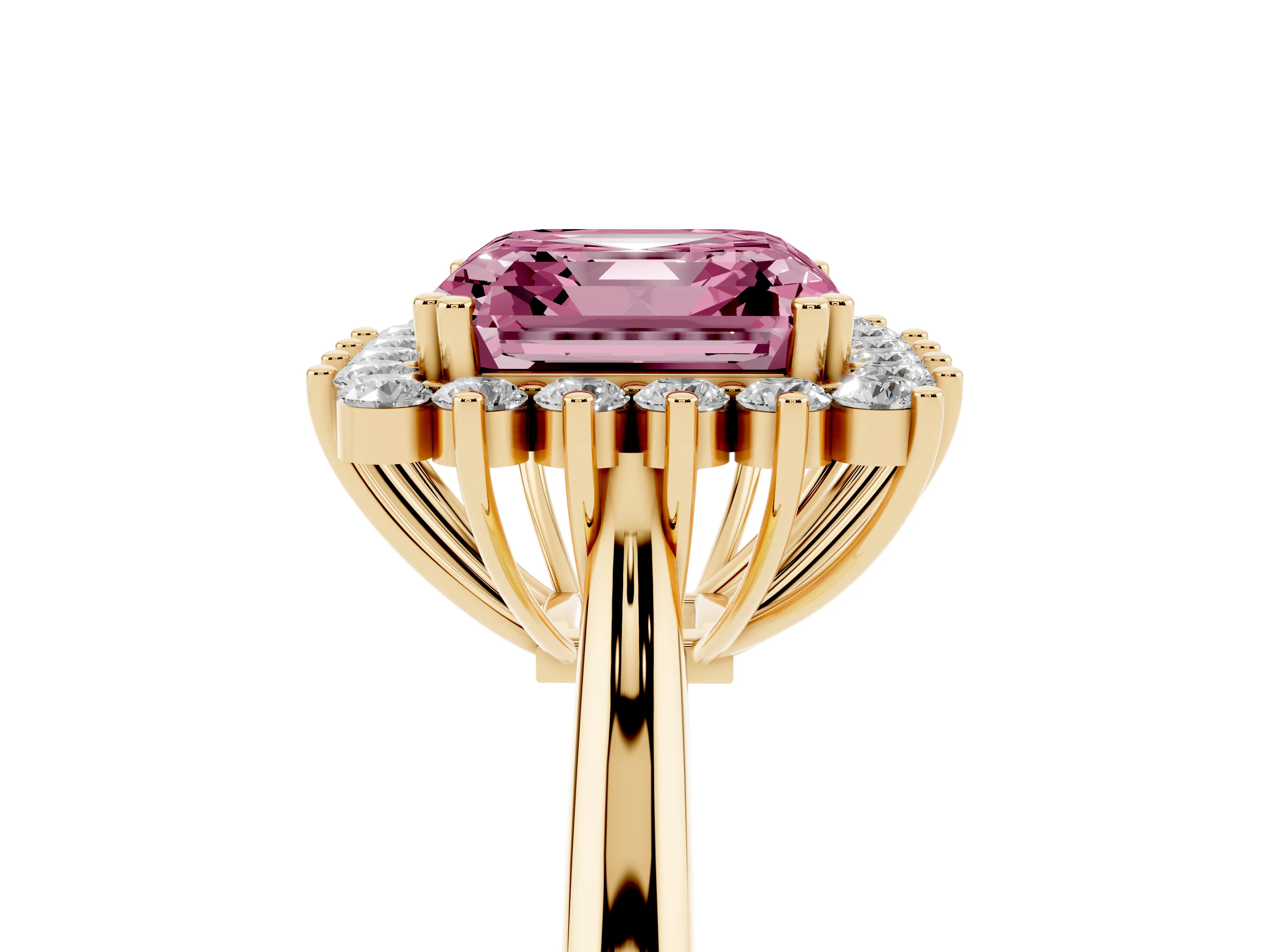 Fancy Pink Asscher Cut Diamond Halo Ring Set in Yellow gold with Plain Solitaire Band and Prong Setting