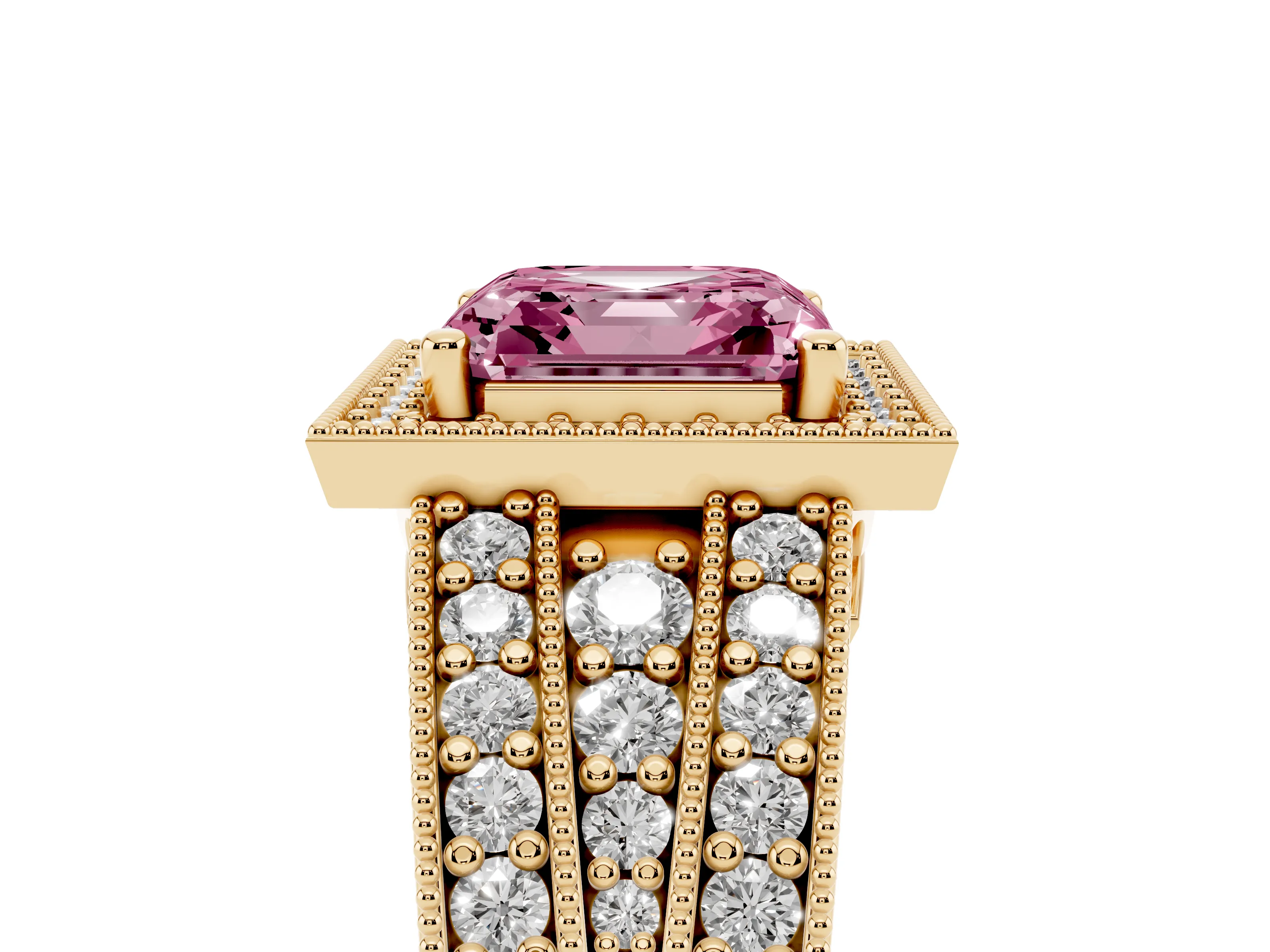 Fancy Pink Asscher Cut Diamond Halo Ring Set in Yellow gold with Accent Split Shank and Prong Setting