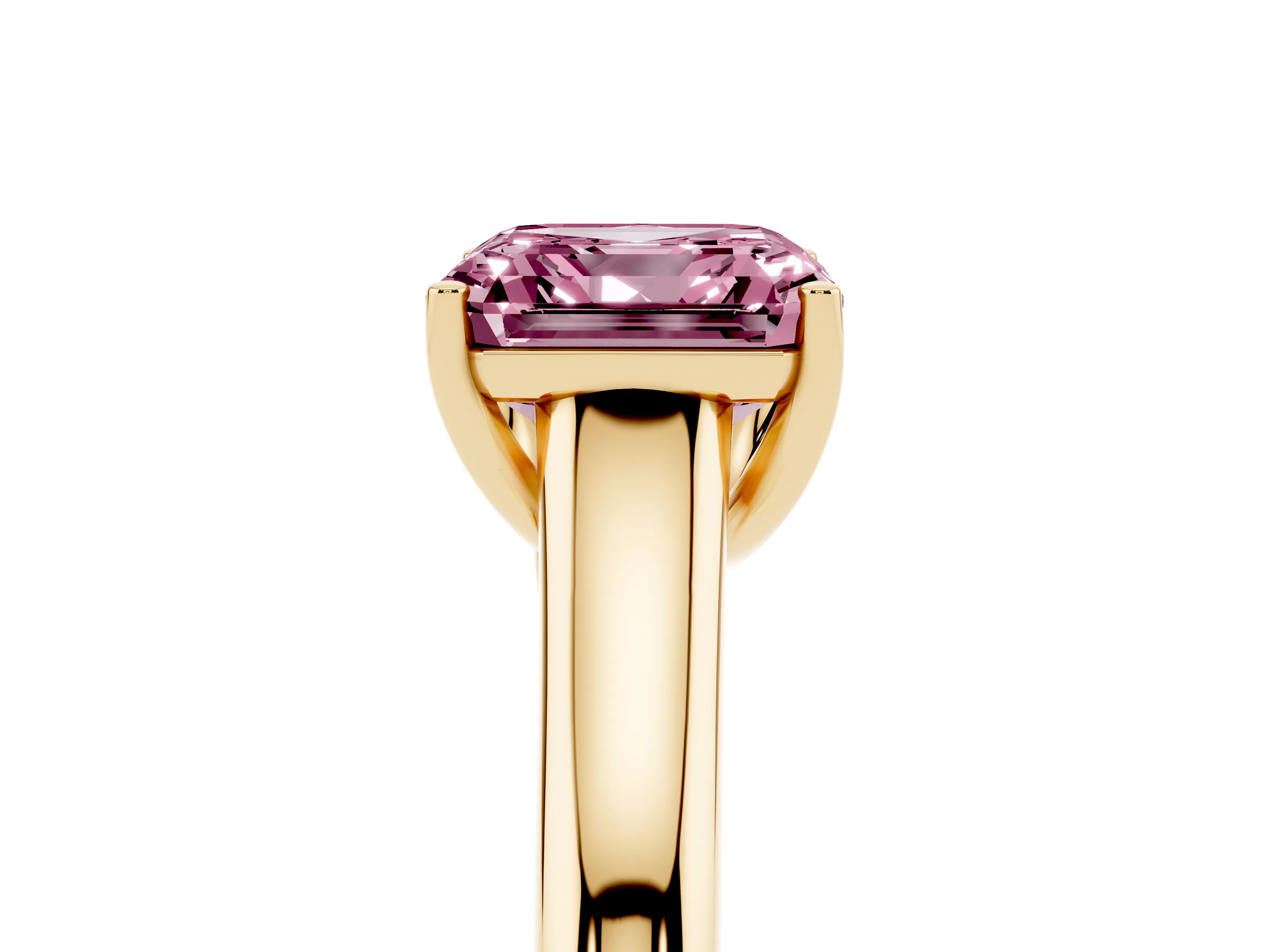 Fancy Pink Asscher Cut Diamond Solitaire Engagement Ring Set in Yellow gold with Subtly Tapered Band and Prong Setting