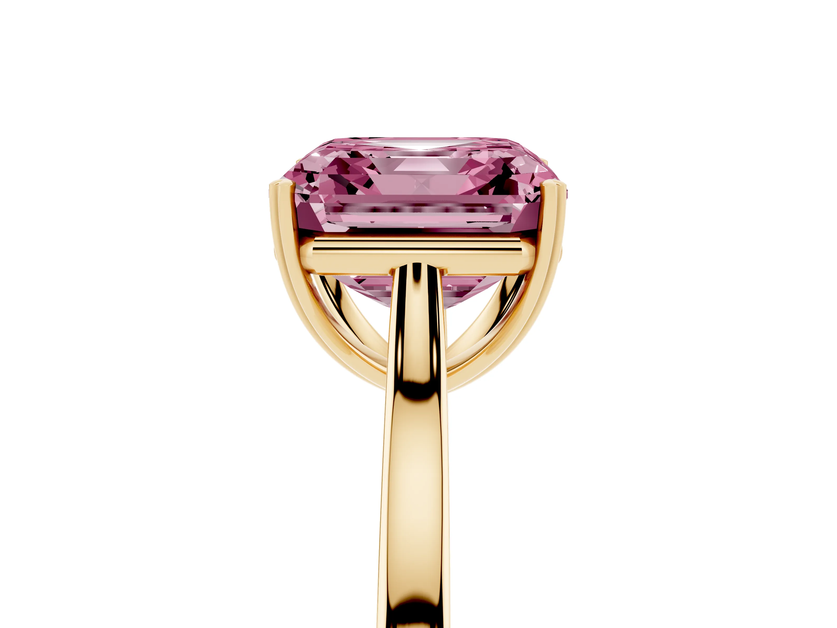 Fancy Pink Asscher Cut Diamond Solitaire Heart Prong Engagement Ring Set in Yellow gold with Tapered Band