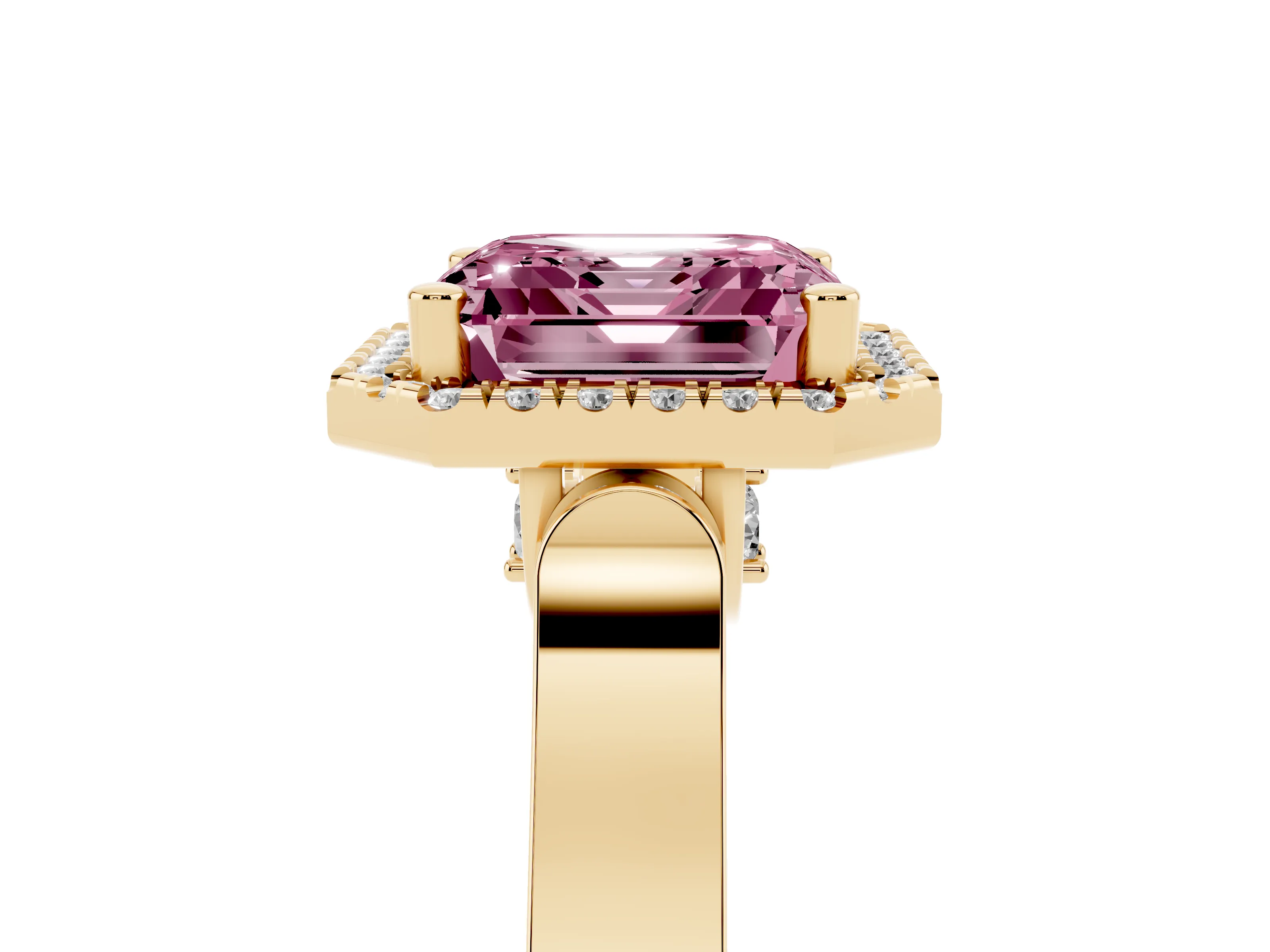 Fancy Pink Asscher Cut Diamond Halo Ring Set in Yellow gold with Pavé-Lined Split Shank Band