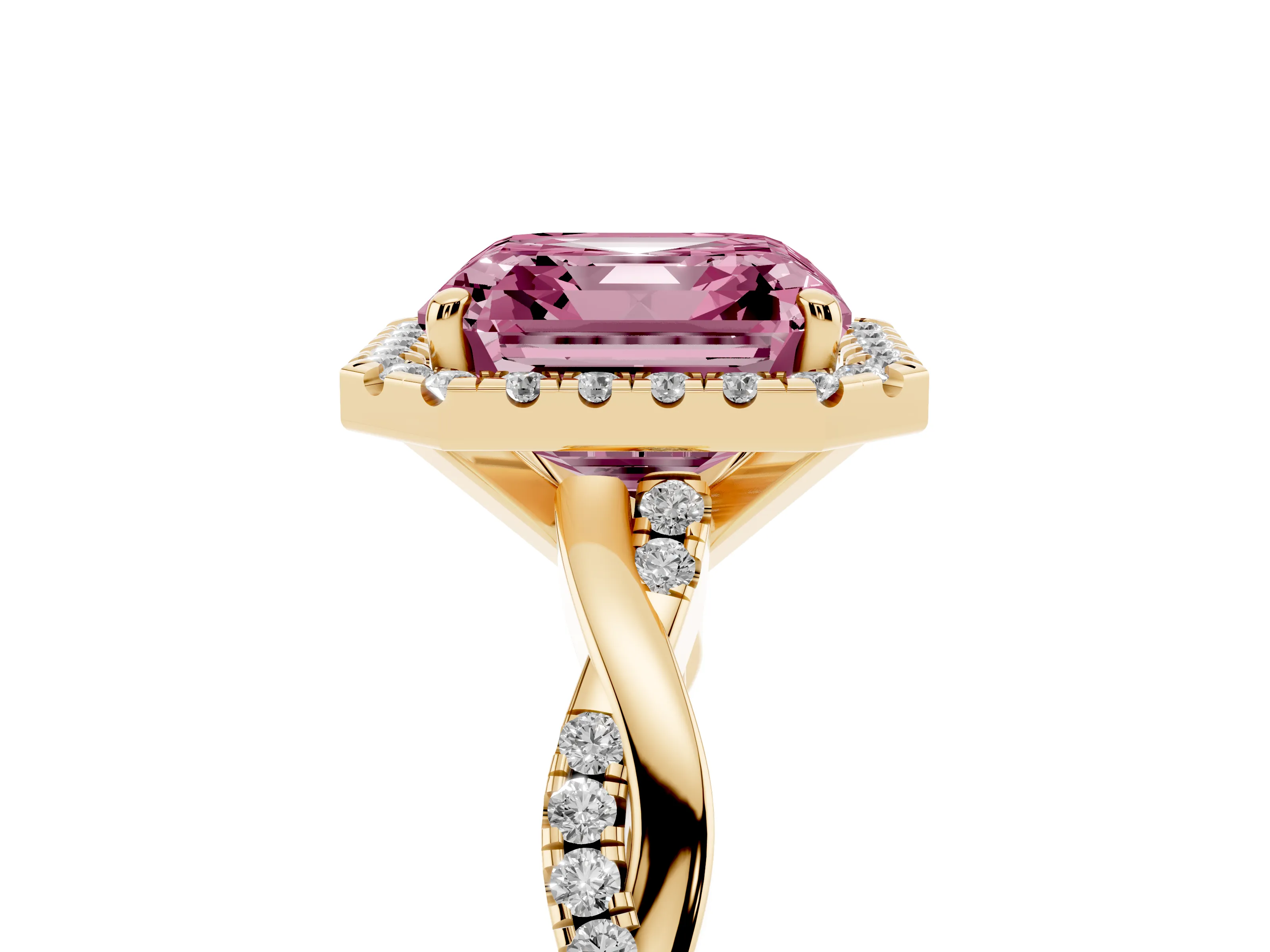 Fancy Pink Asscher Cut Diamond Halo Twisted Band Ring Set in Yellow gold with Prong Setting