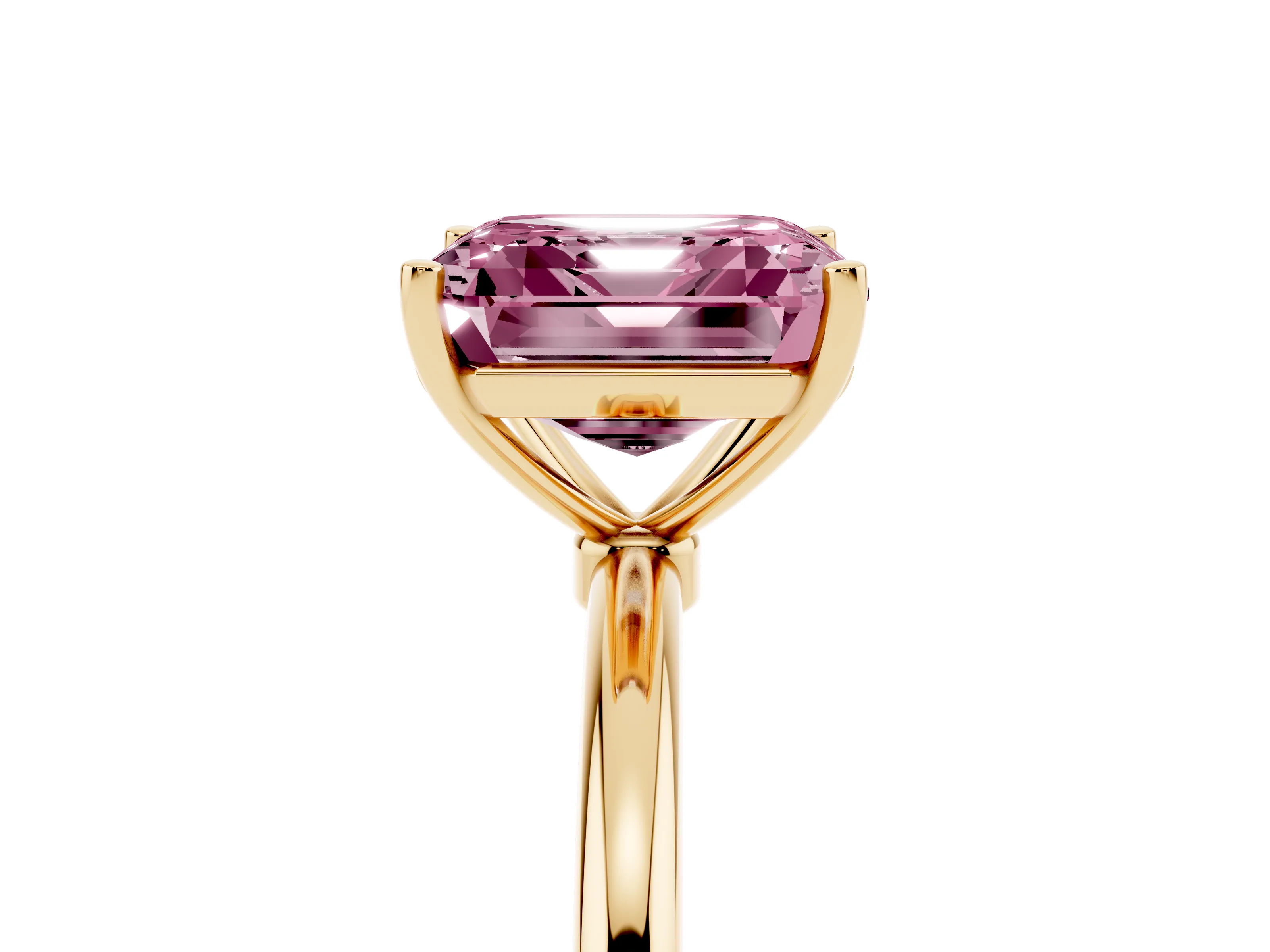 Fancy Pink Asscher Cut Diamond Solitaire Engagement Ring Set in Yellow gold with Thin Band and Prong Setting