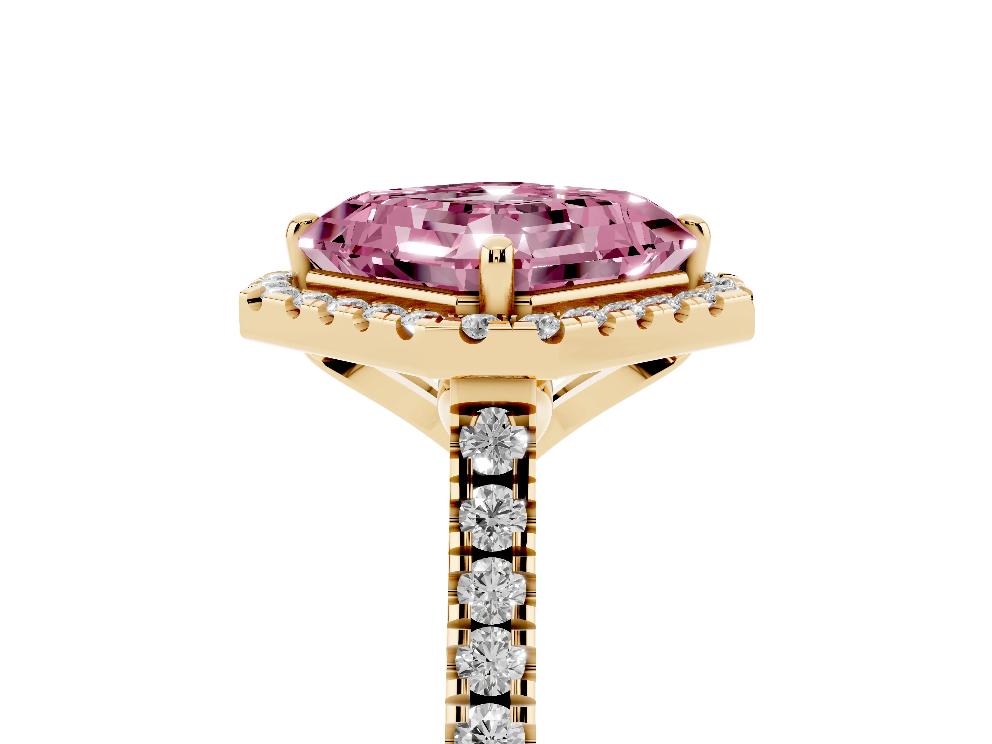 Fancy Pink Asscher Cut Diamond Cushion Halo Ring Set in Yellow gold with Pavé Band