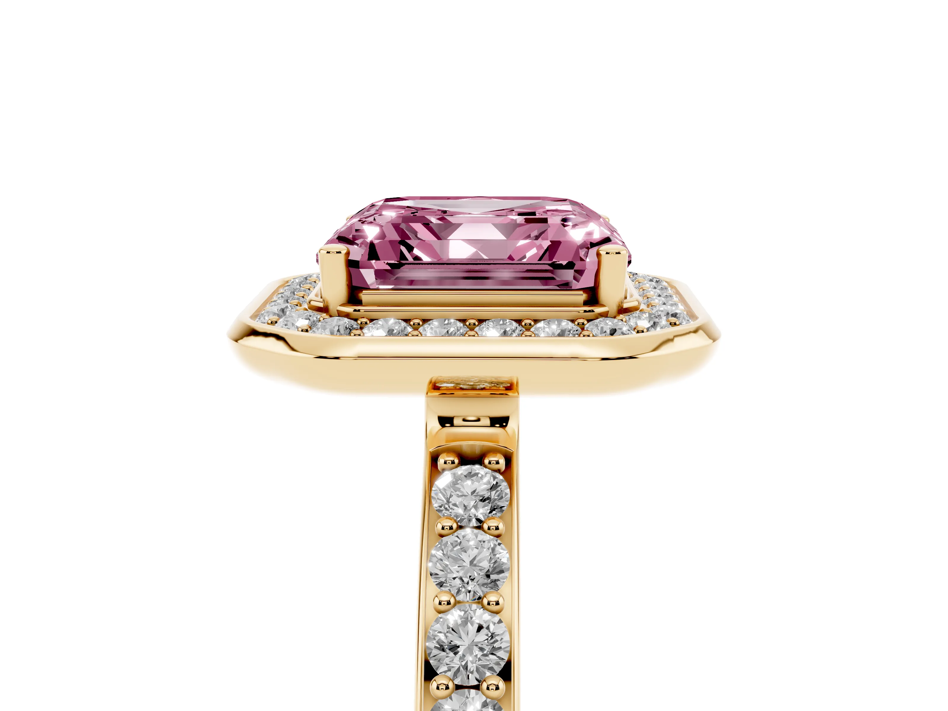 Fancy Pink Asscher Cut Diamond Halo Ring Set in Yellow gold with Bezel Frame and Pavé Band
