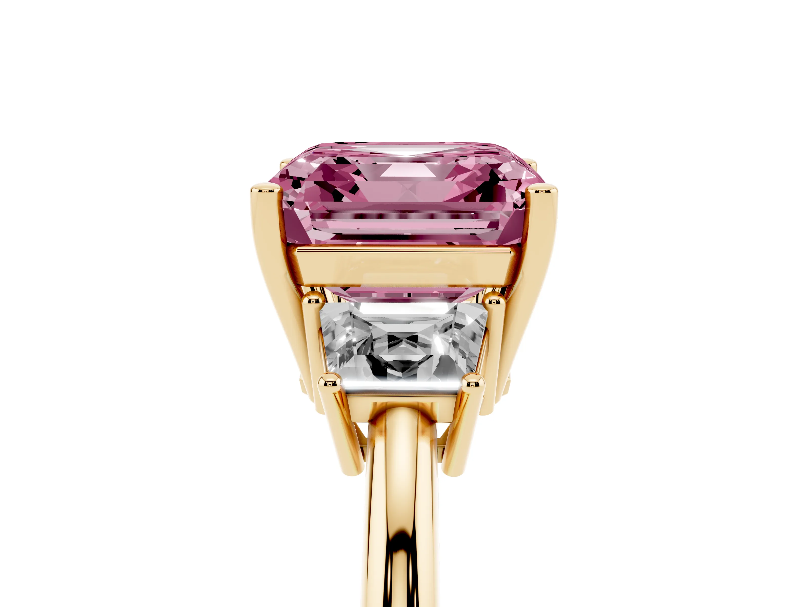 Fancy Pink Asscher Cut Diamond Three-Stone Ring Set in Yellow gold with Trapezoid Side Stones and Prong Setting