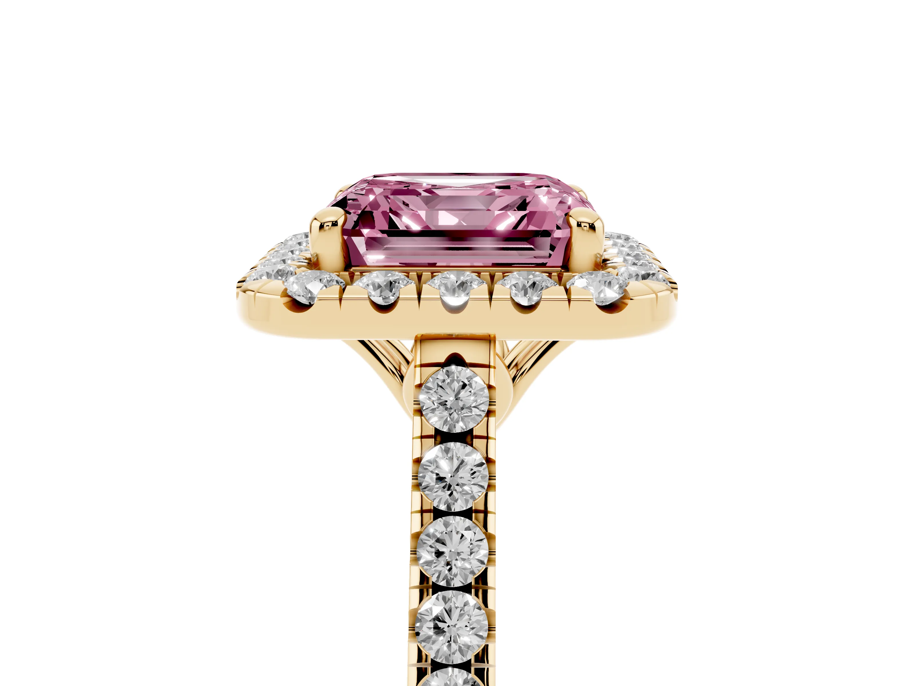 Fancy Pink Asscher Cut Diamond Pavé Halo Engagement Ring Set in Yellow gold with Pavé Band and Prong Setting