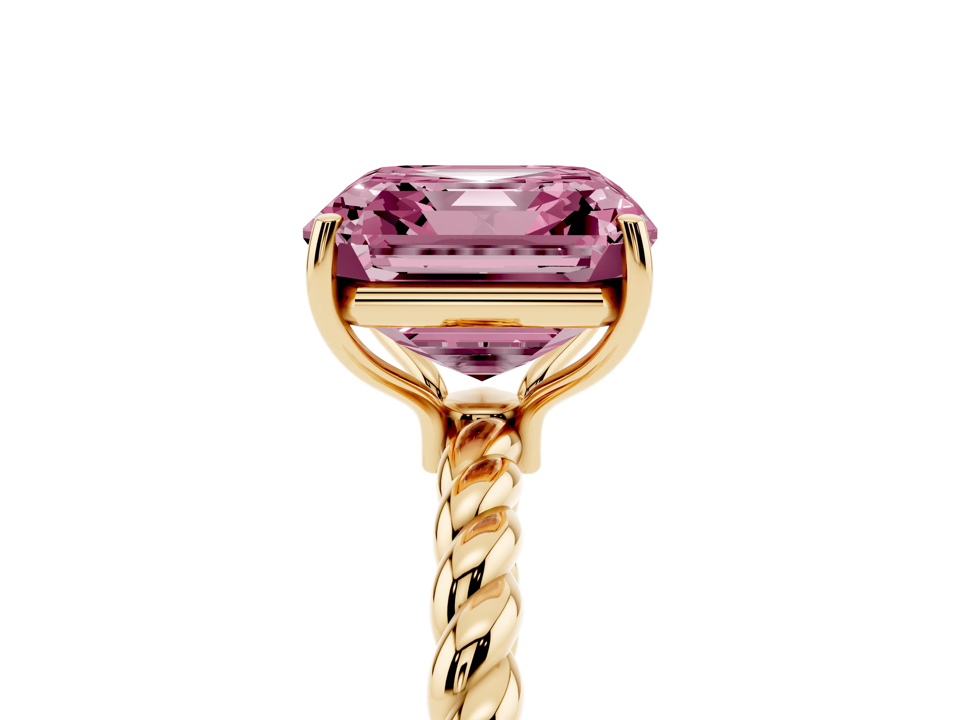 Fancy Pink Asscher Cut Diamond Solitaire Ring Set in Yellow gold with Twist Band and Prong Setting