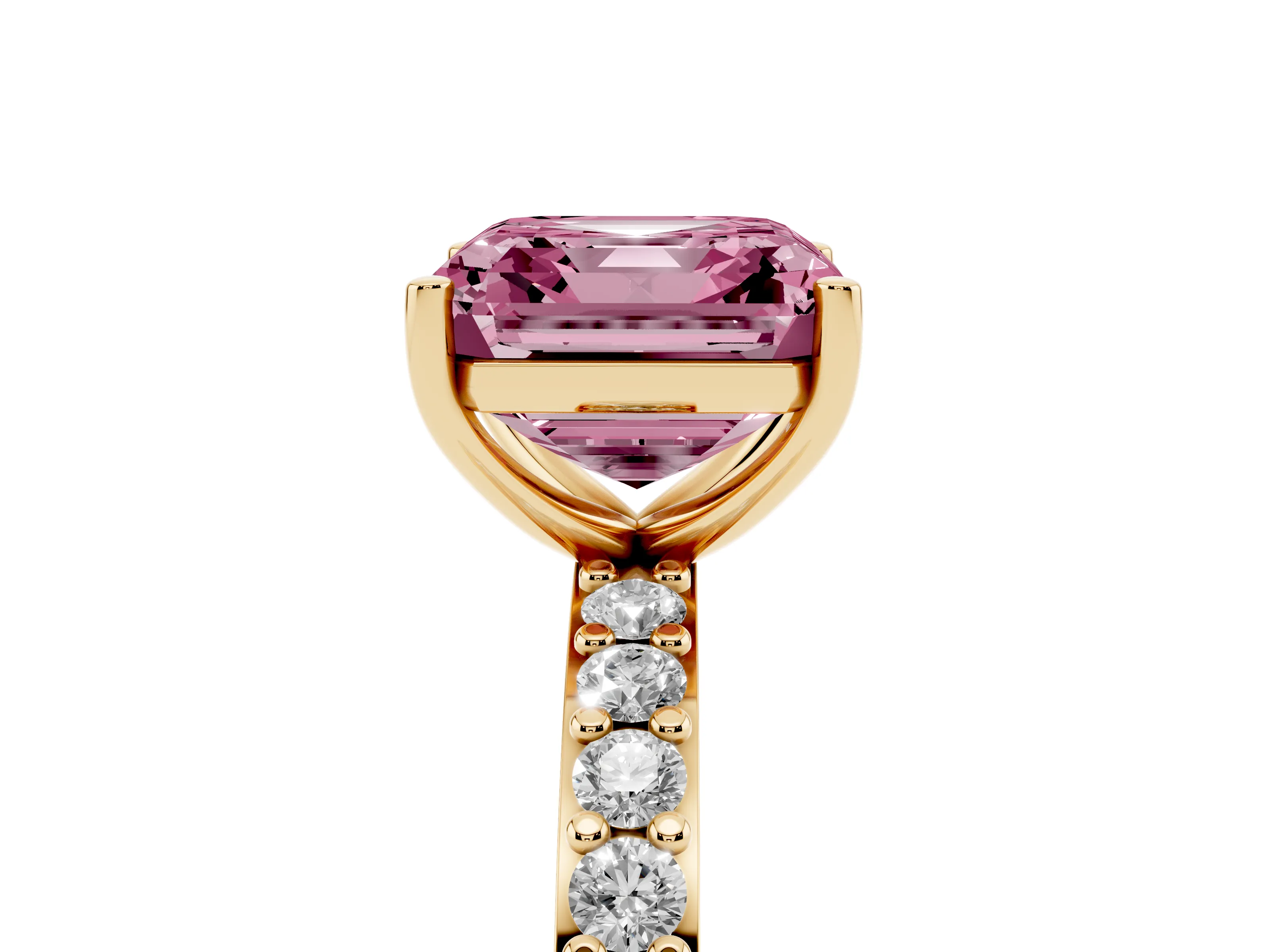 Fancy Pink Asscher Cut Diamond Solitaire Set in Yellow gold with Round Pavé Band and Prong Setting