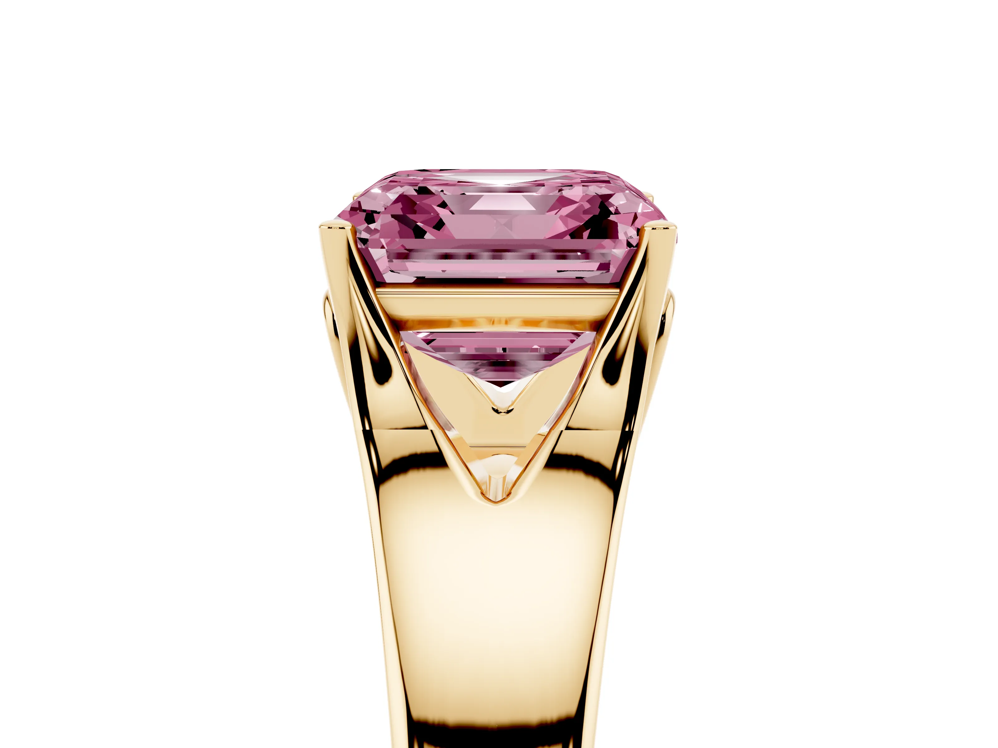 Fancy Pink Asscher Cut Diamond Solitaire Ring Set in Yellow gold with Arched Cathedral Band and Prong Setting