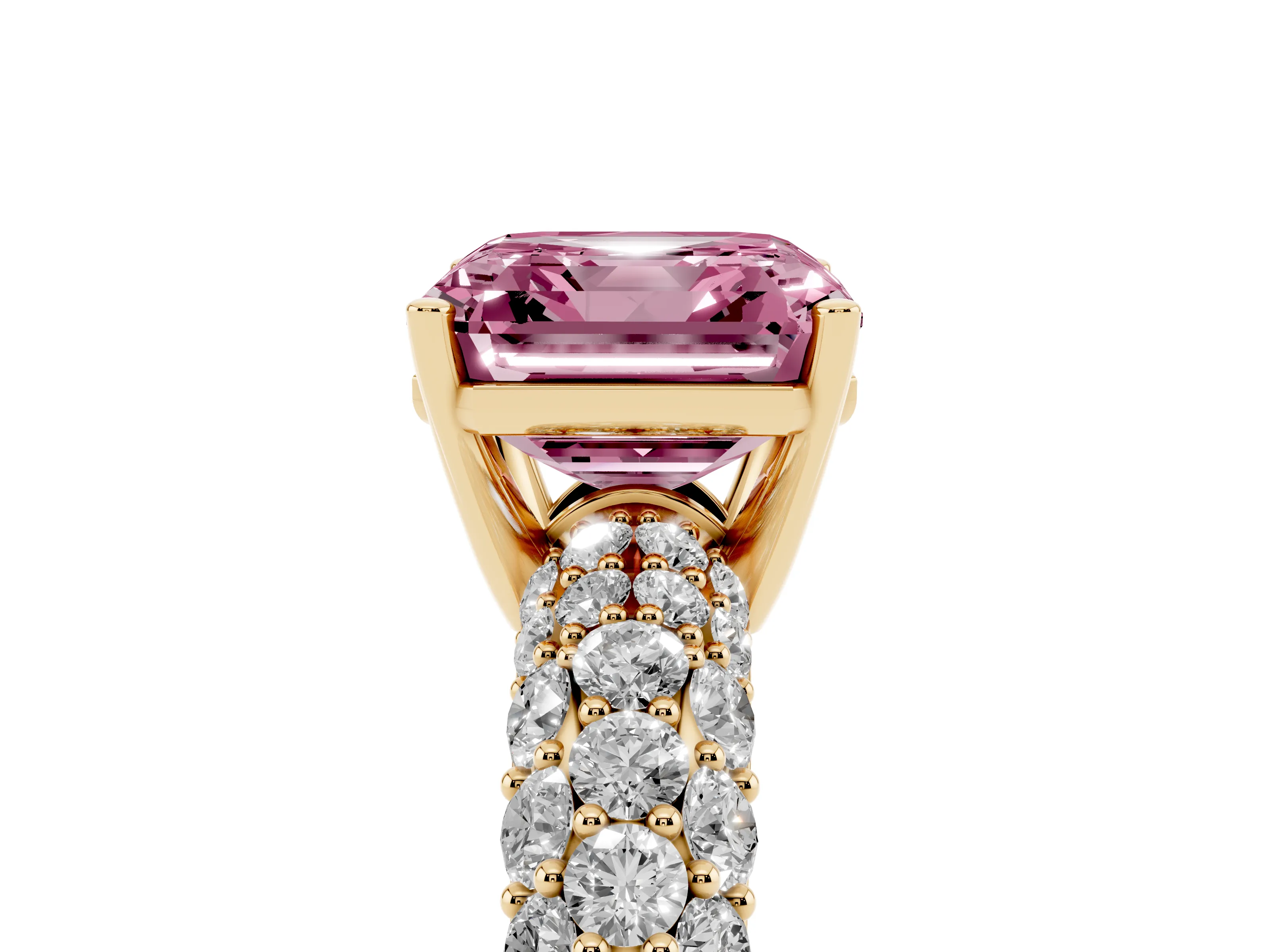 Fancy Pink Asscher Cut Diamond Pavé Band Solitaire Ring Set in Yellow gold with Close-Set Accent Stones and Prong Setting