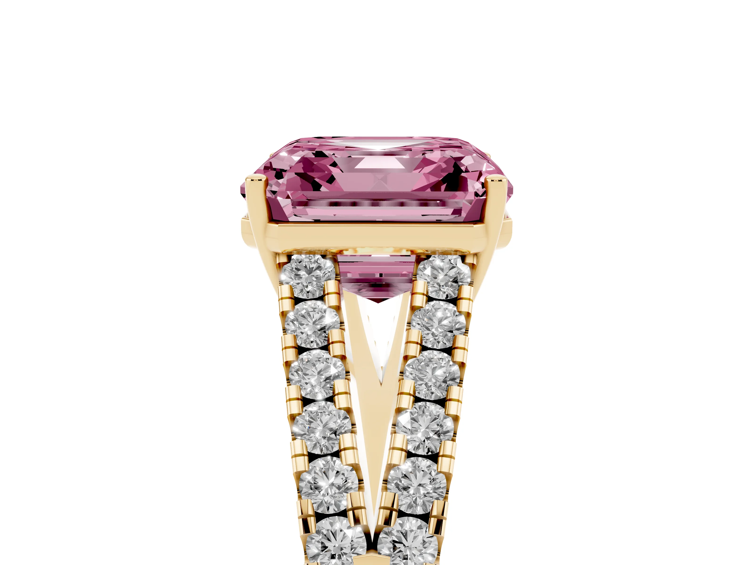 Fancy Pink Asscher Cut Diamond Split Shank Engagement Ring Set in Yellow gold with Round Pavé and Prong Setting