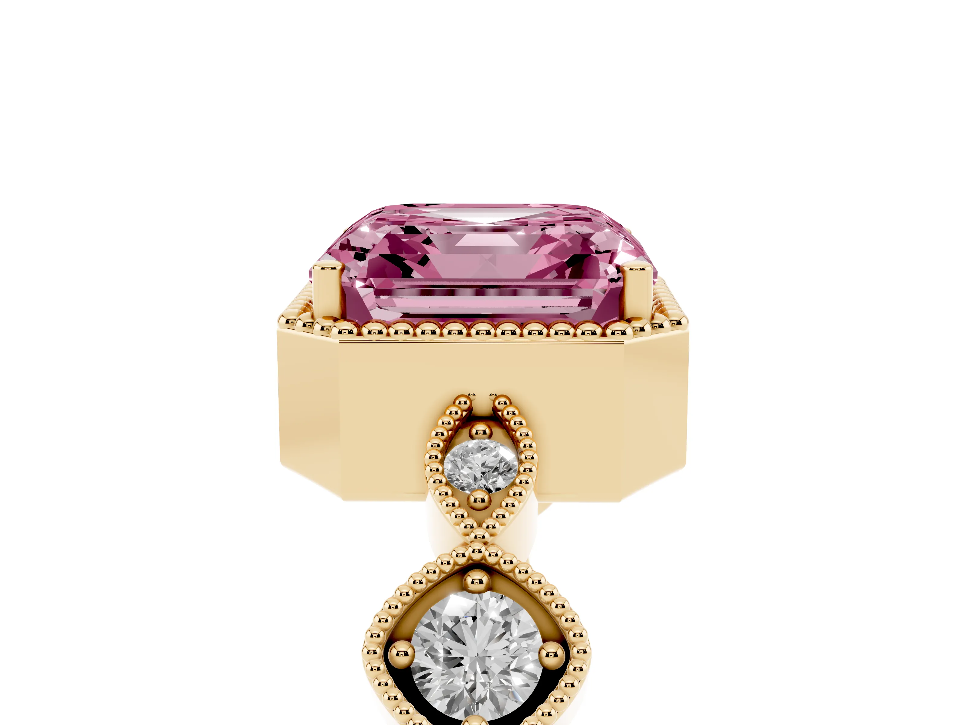Fancy Pink Asscher Cut Diamond Vintage-Inspired Milgrain Ring Set in Yellow gold with Marquise Stations of Round Accents