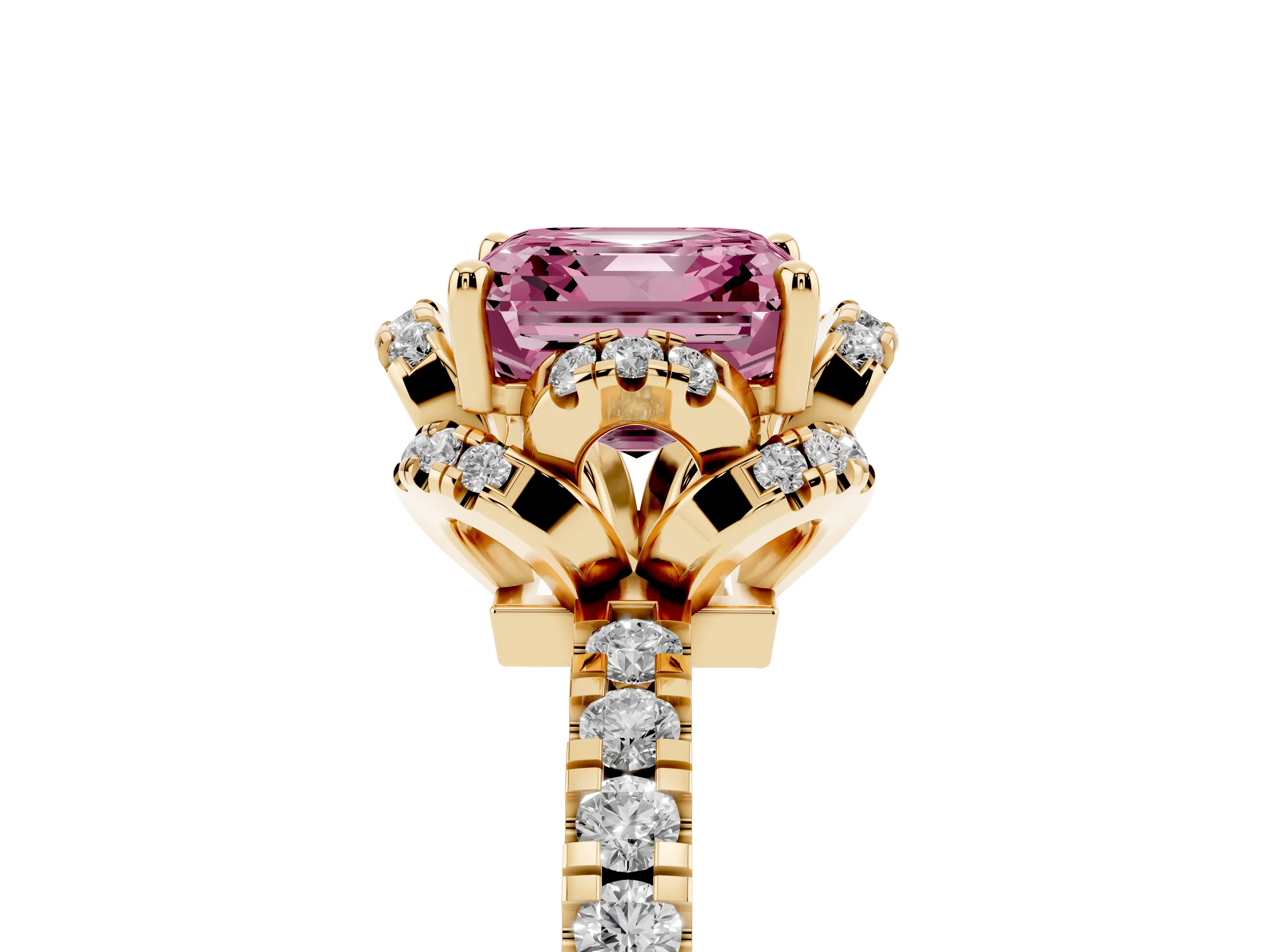 Fancy Pink Asscher Cut Diamond Halo Pavé Ring Set in Yellow gold with Prong-Held Center Stone