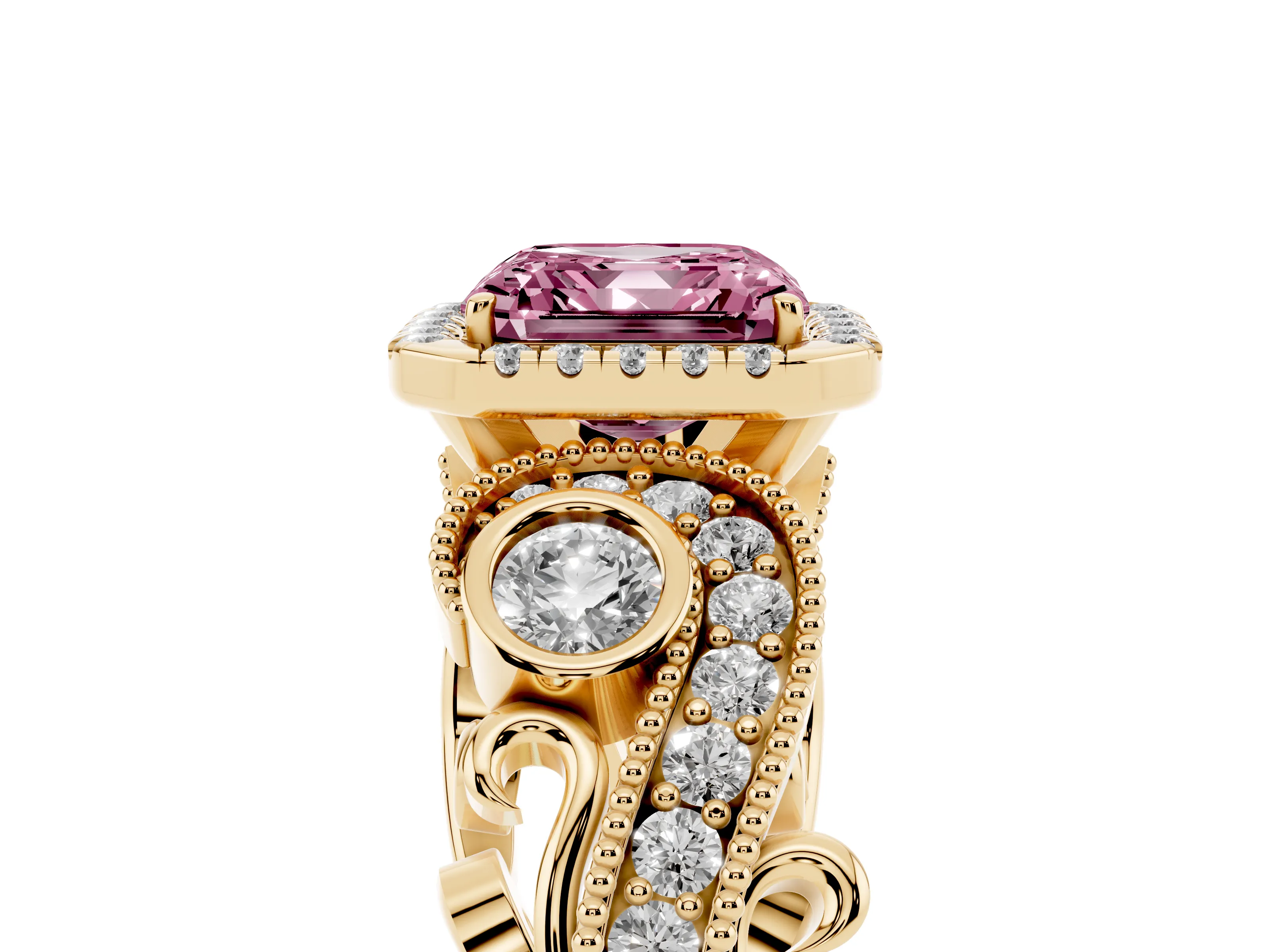 Fancy Pink Asscher Cut Diamond Halo Ring Set in Yellow gold with Milgrain Pavé Band and Prong Setting