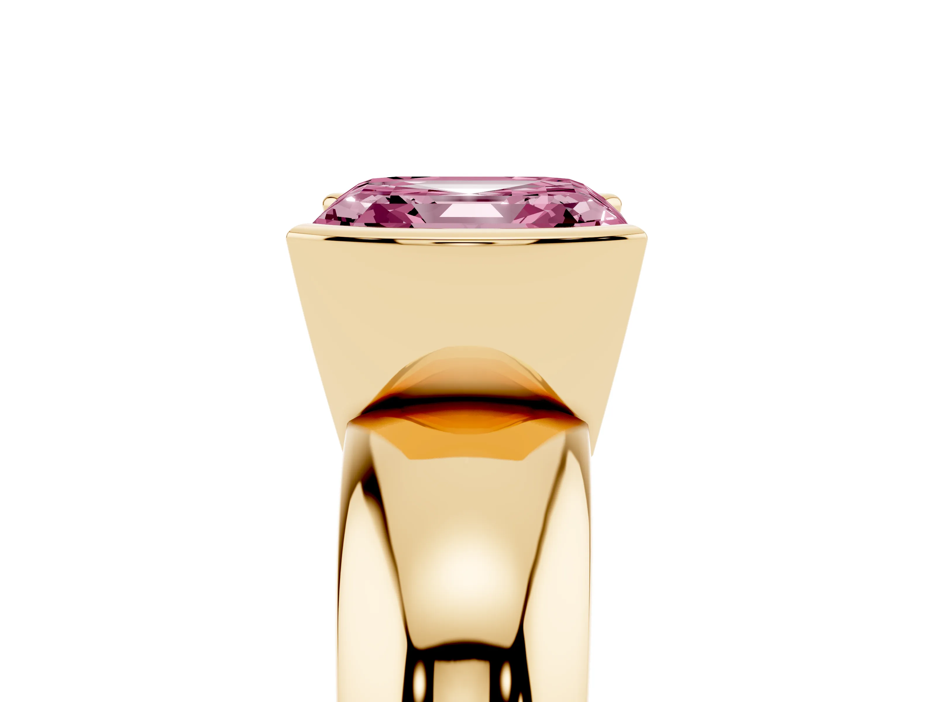 Fancy Pink Asscher Cut Diamond Solitaire Tension Set Ring Set in Yellow gold with Wide Band