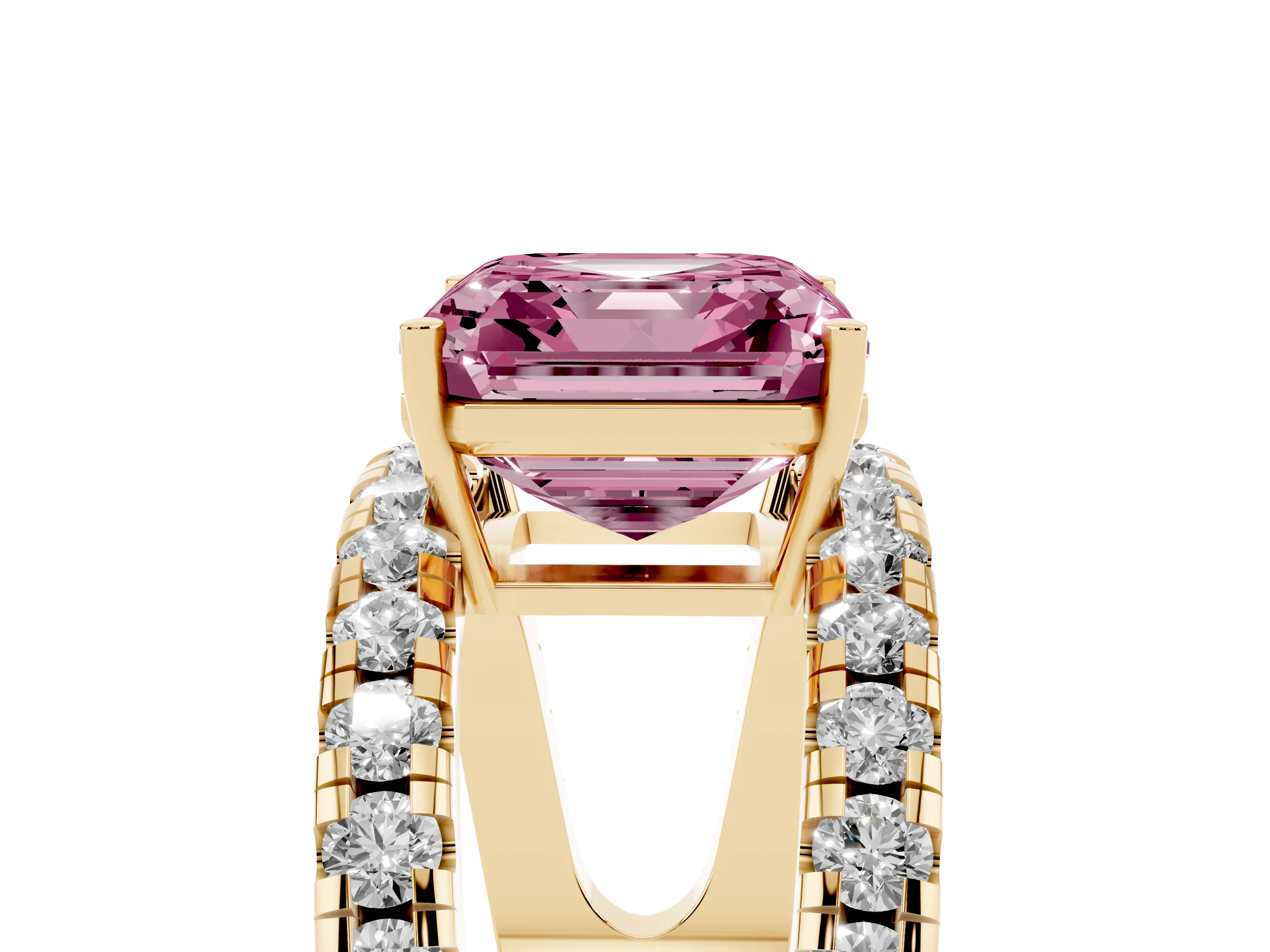 Fancy Pink Asscher Cut Diamond Split Shank Pavé Solitaire Ring Set in Yellow gold with Open Shank Design