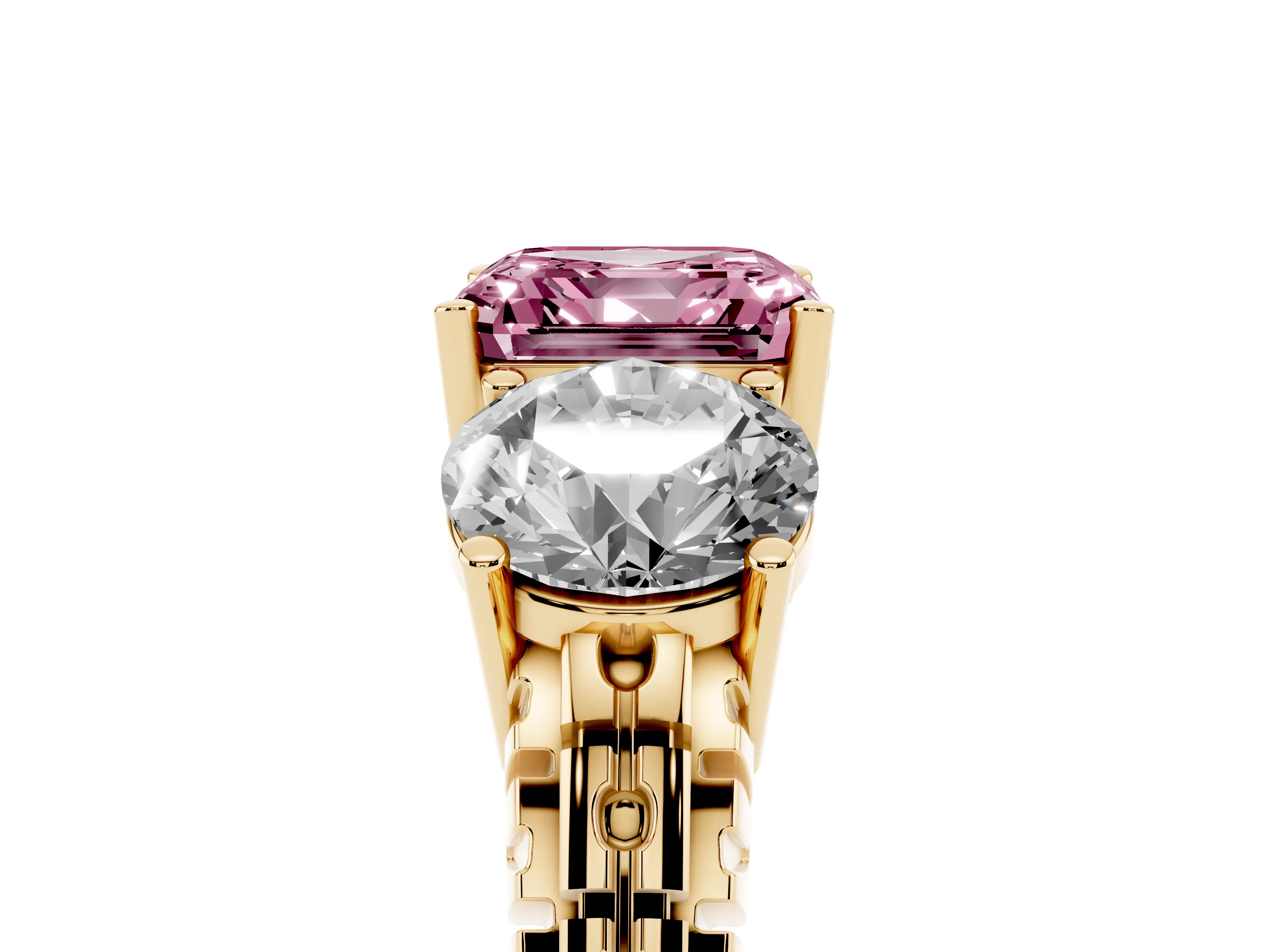 Fancy Pink Asscher Cut Diamond Three-Stone Ring Set in Yellow gold with Channel-Set Accent Band