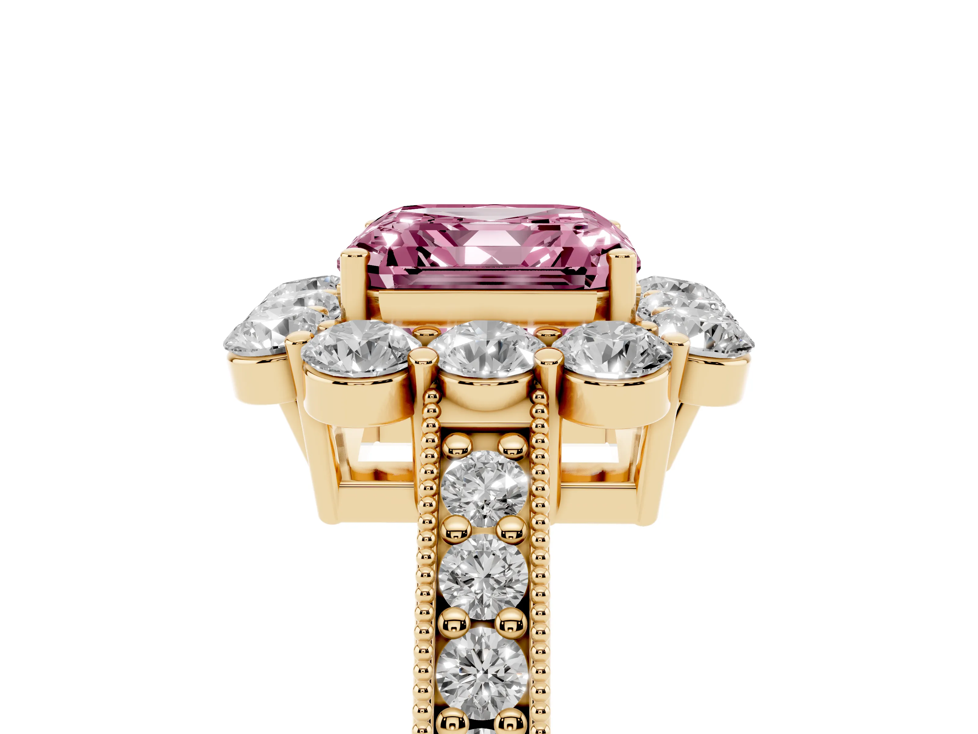 Fancy Pink Asscher Cut Diamond Halo Pavé Engagement Ring Set in Yellow gold with Milgrain Detailing