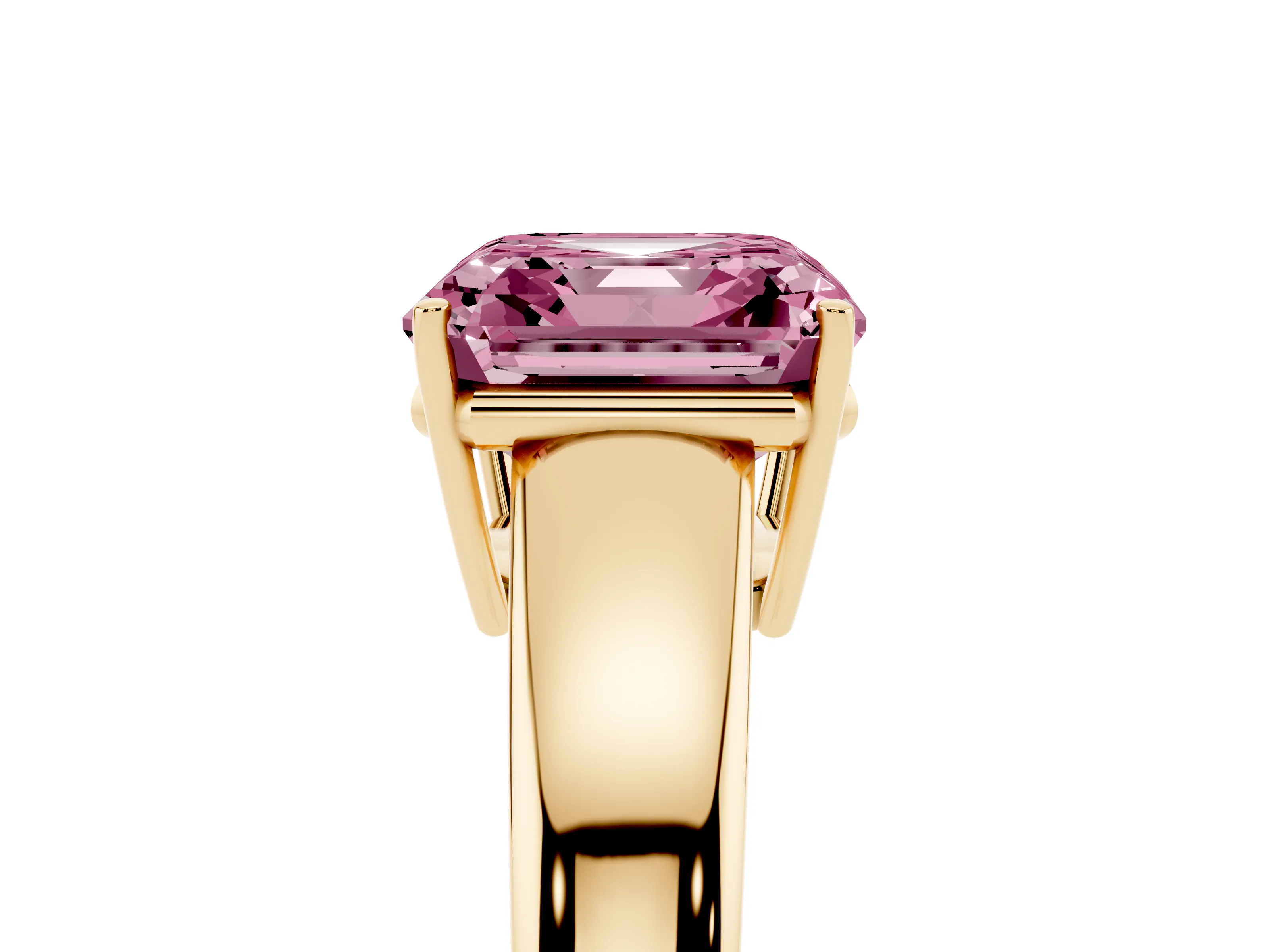 Fancy Pink Asscher Cut Diamond Solitaire Ring Set in Yellow gold with Tapered Band and Prong Setting