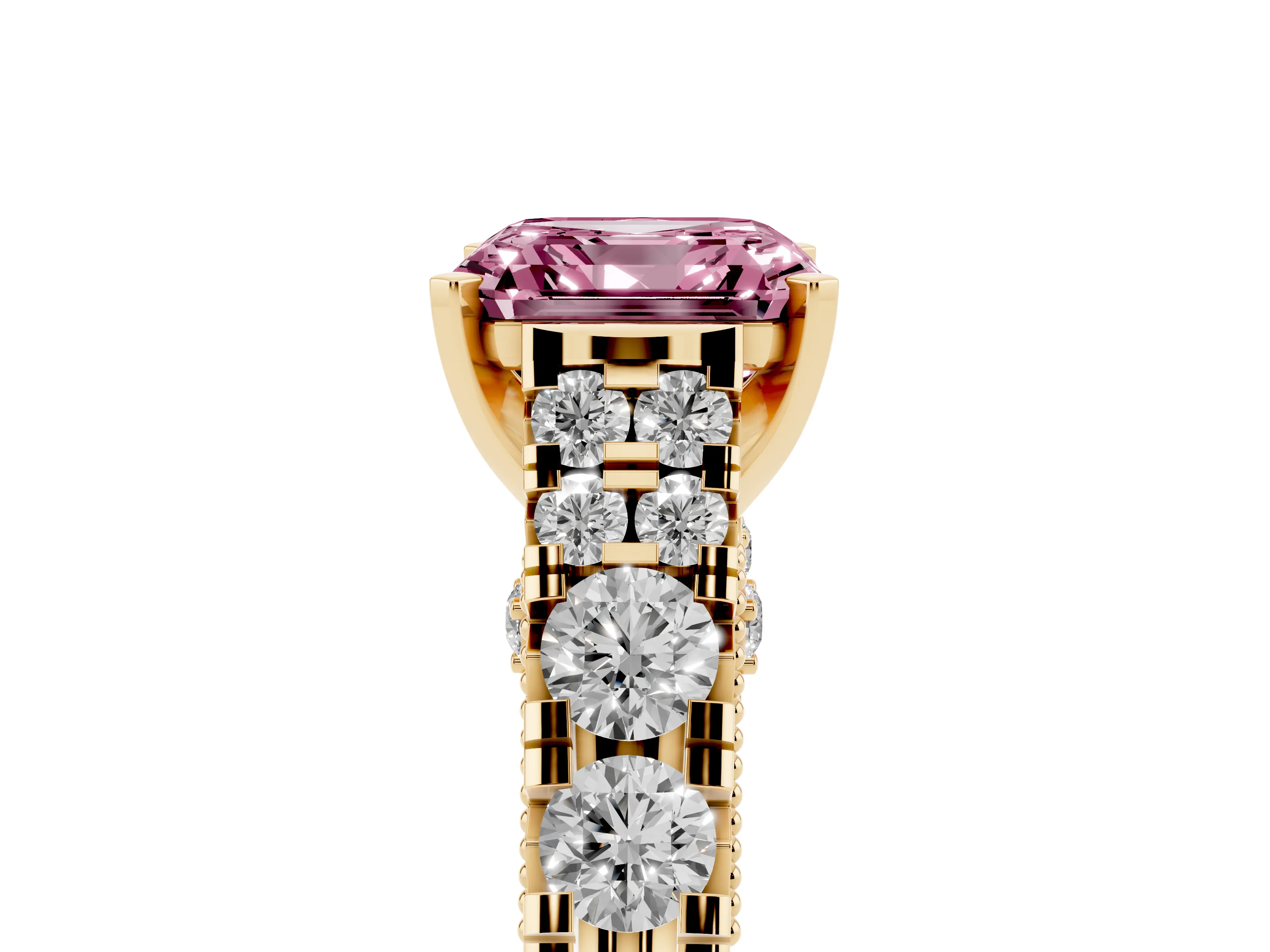 Fancy Pink Asscher Cut Diamond Classic Solitaire Ring Set in Yellow gold with Pavé Band and Prong Setting