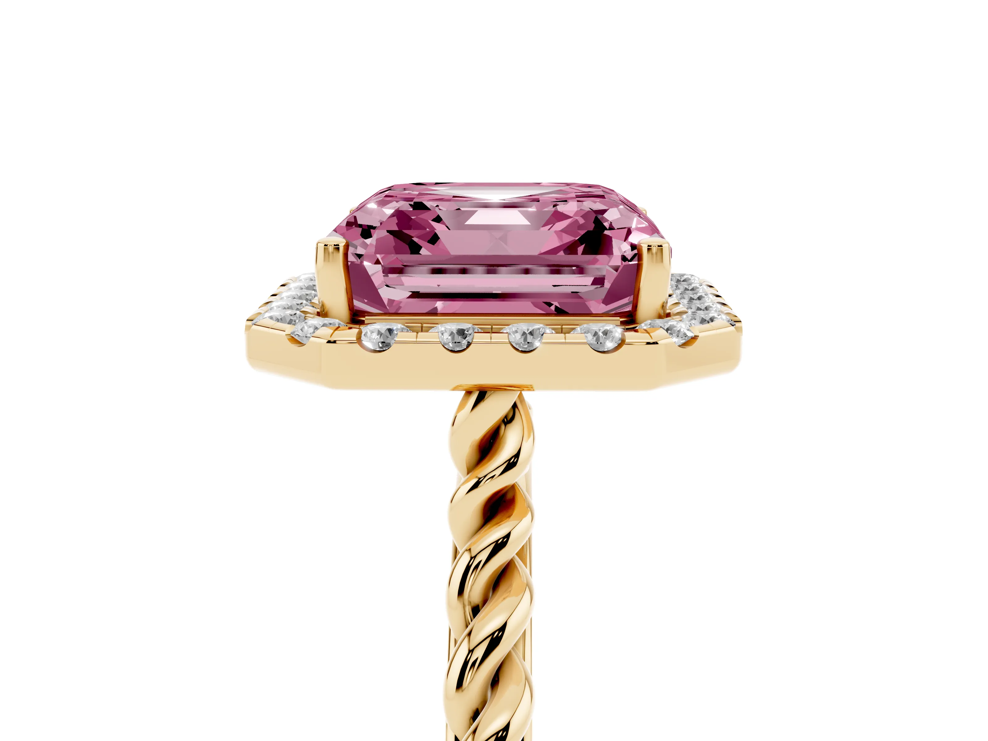 Fancy Pink Asscher Cut Diamond Halo Ring Set in Yellow gold with Plain Twisted Band