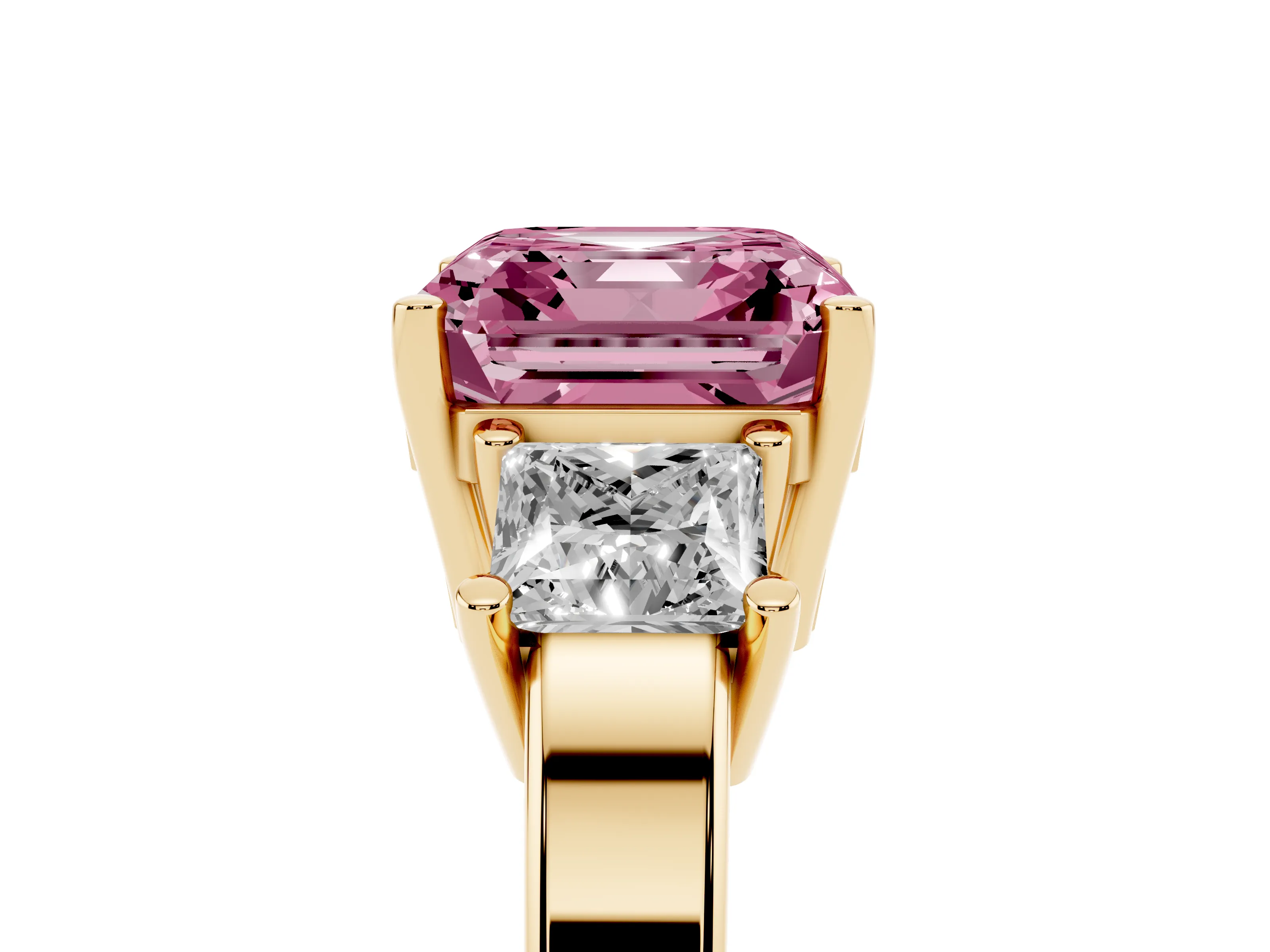 Fancy Pink Three-Stone Asscher Cut Diamond Solitaire Ring Set in Yellow gold with Prong Setting