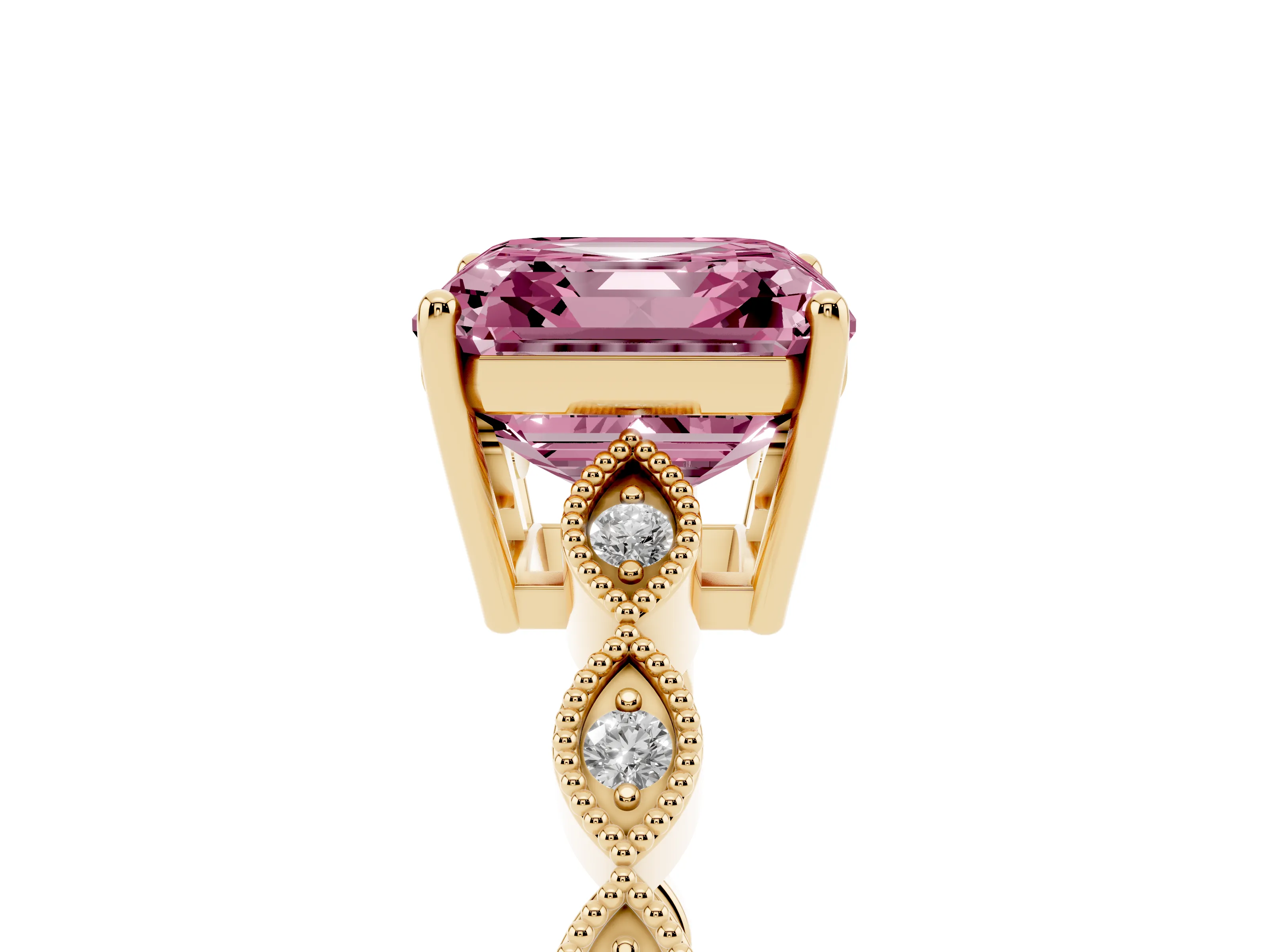 Fancy Pink Asscher Cut Diamond Solitaire Ring Set in Yellow gold with Infinity Twist Pavé Band