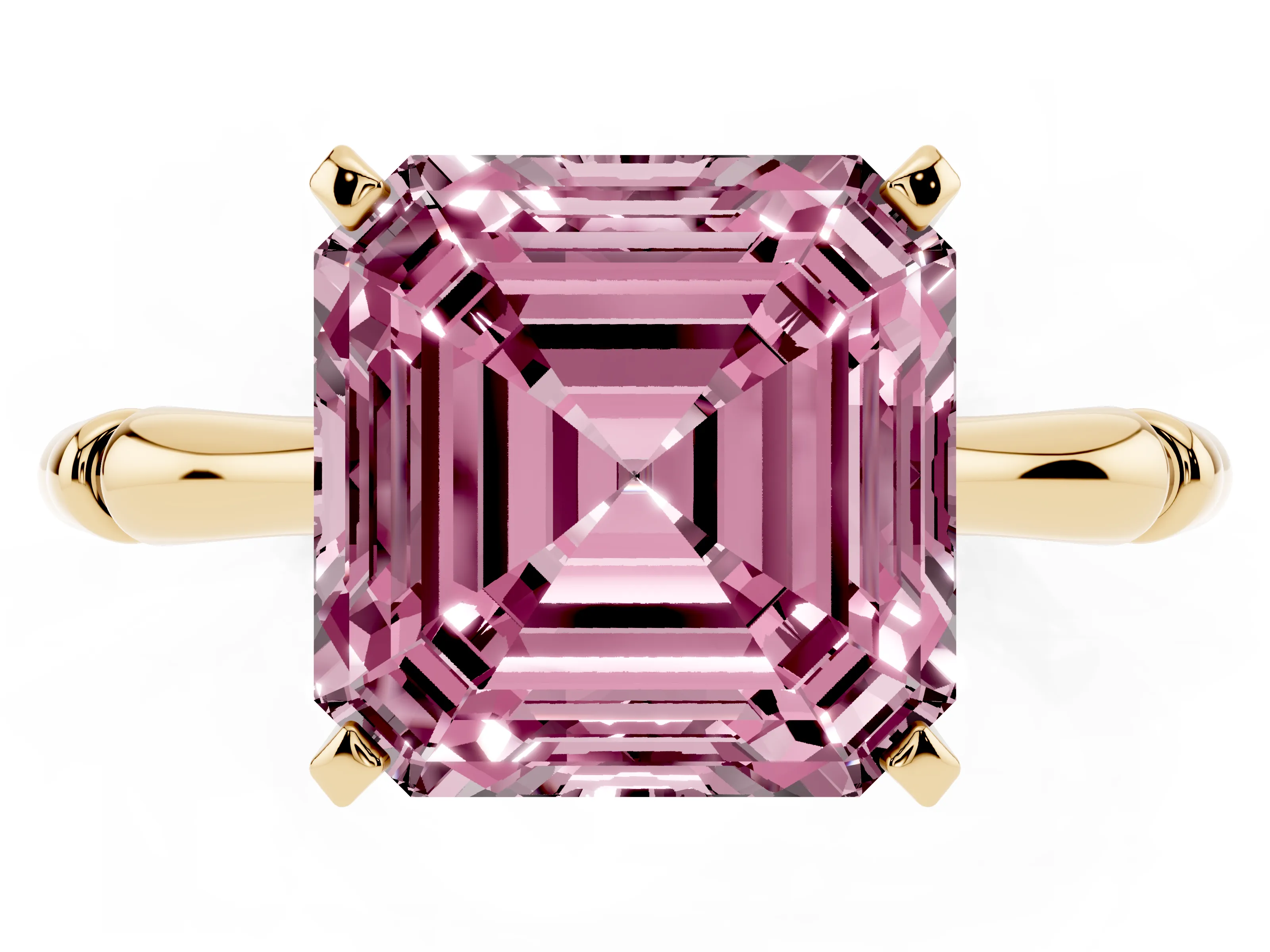 Fancy Pink Asscher Cut Diamond Solitaire Ring Set in Yellow gold with Bamboo Band and Prong Setting