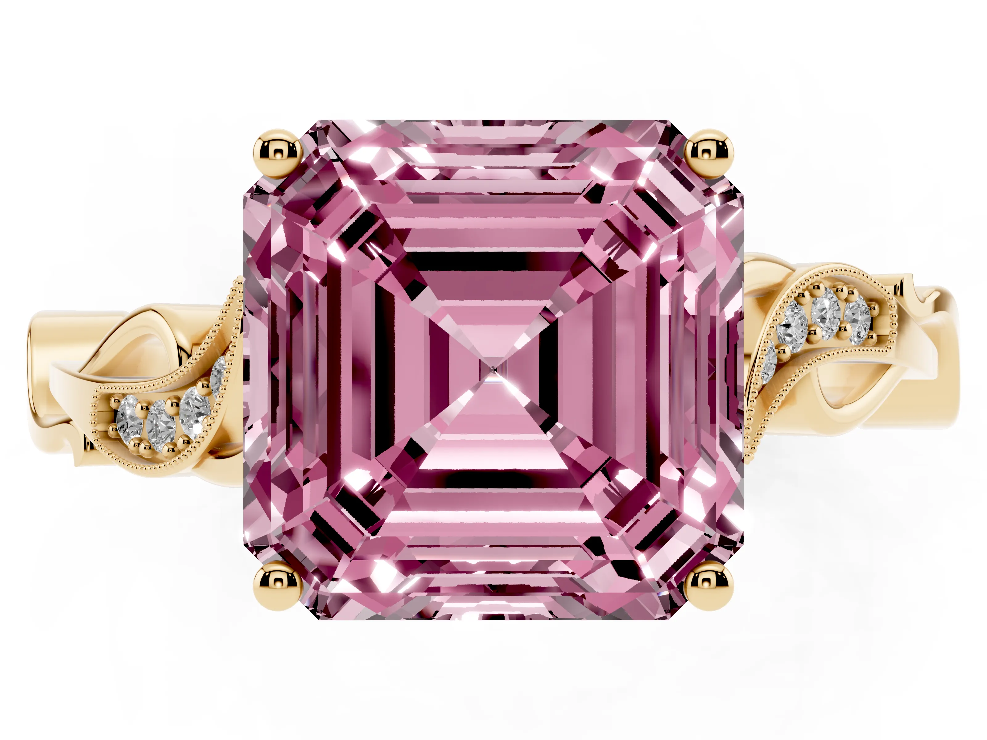 Fancy Pink Asscher Cut Diamond Vine Band Solitaire Ring Set in Yellow gold with Milgrain Prong Setting