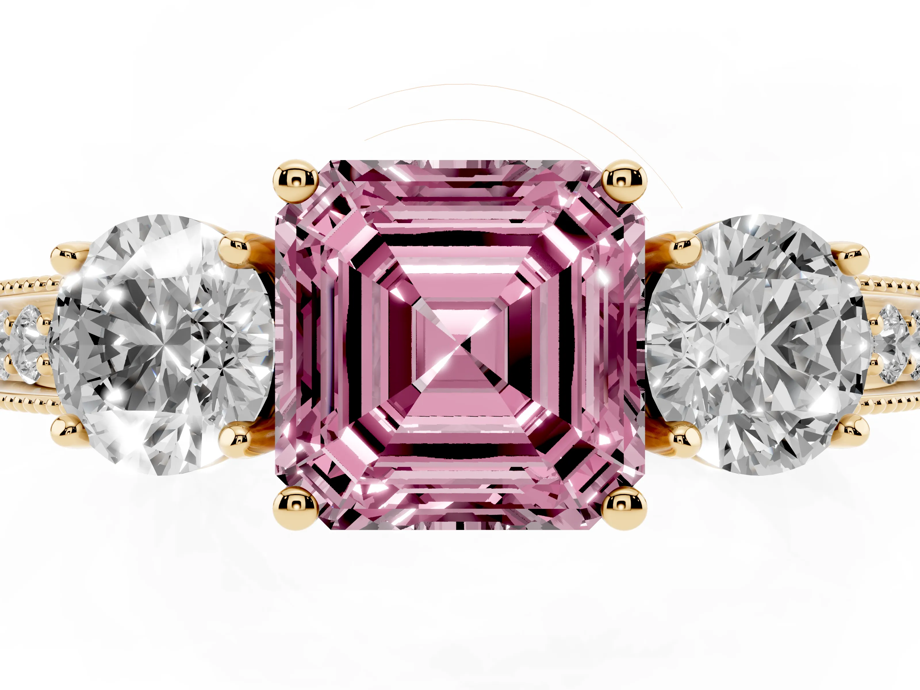Fancy Pink Asscher Cut Diamond Three-Stone Ring Set in Yellow gold with Round Side Stones and Pavé Band