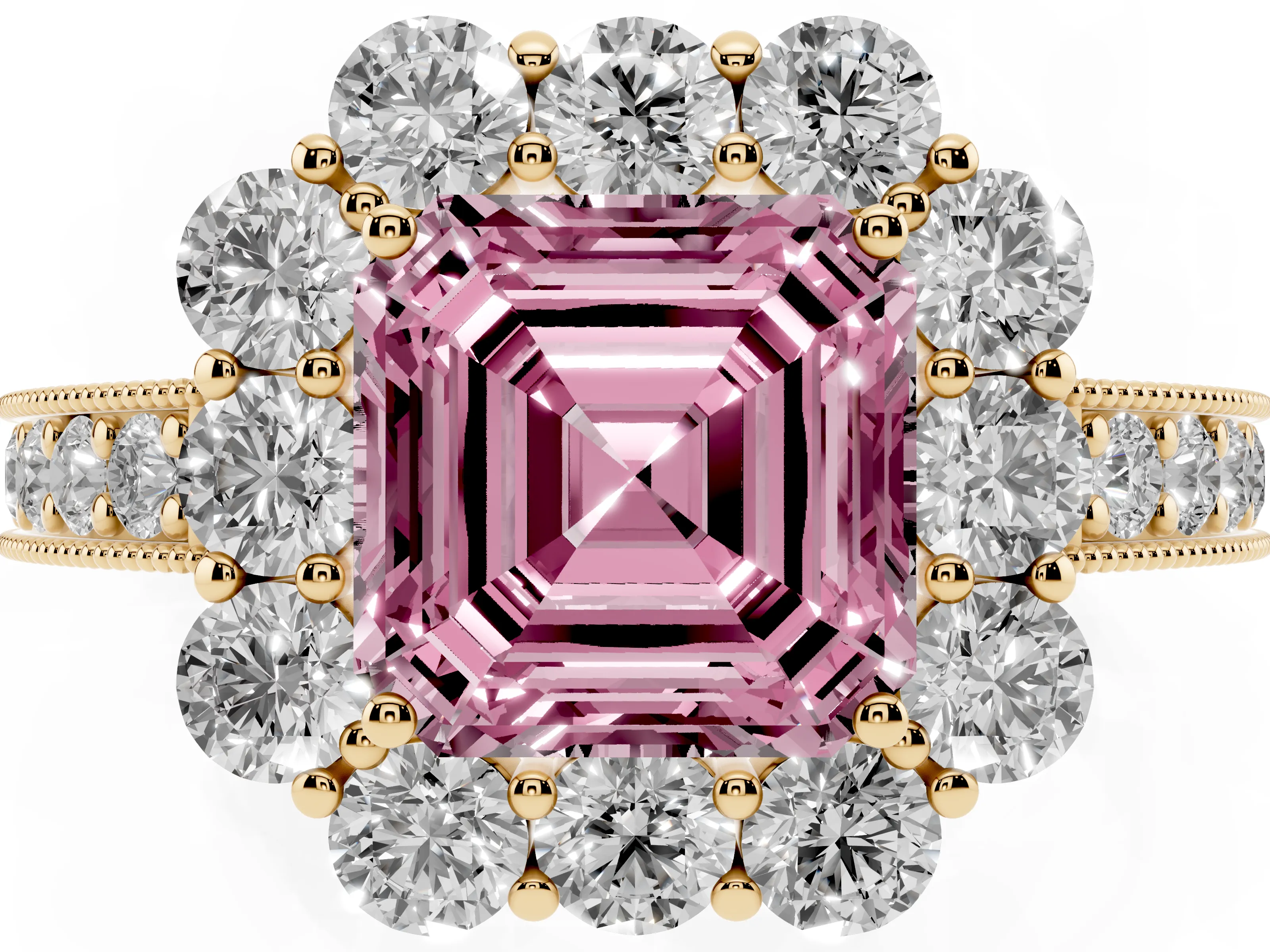 Fancy Pink Asscher Cut Diamond Halo Pavé Engagement Ring Set in Yellow gold with Milgrain Detailing