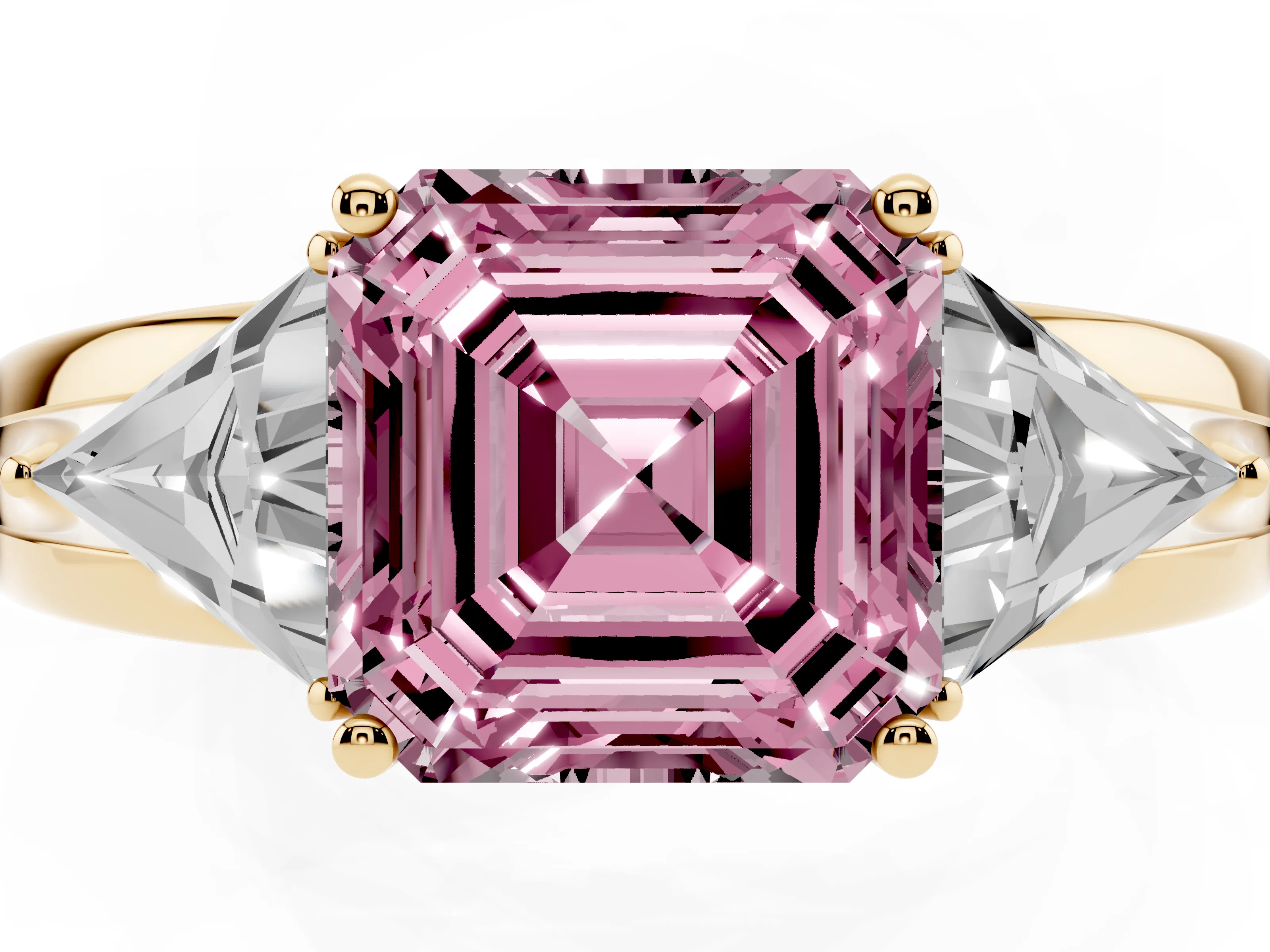 Fancy Pink Asscher Cut Diamond Three-Stone Ring Set in Yellow gold with Trillion Side Stones and Split Shank